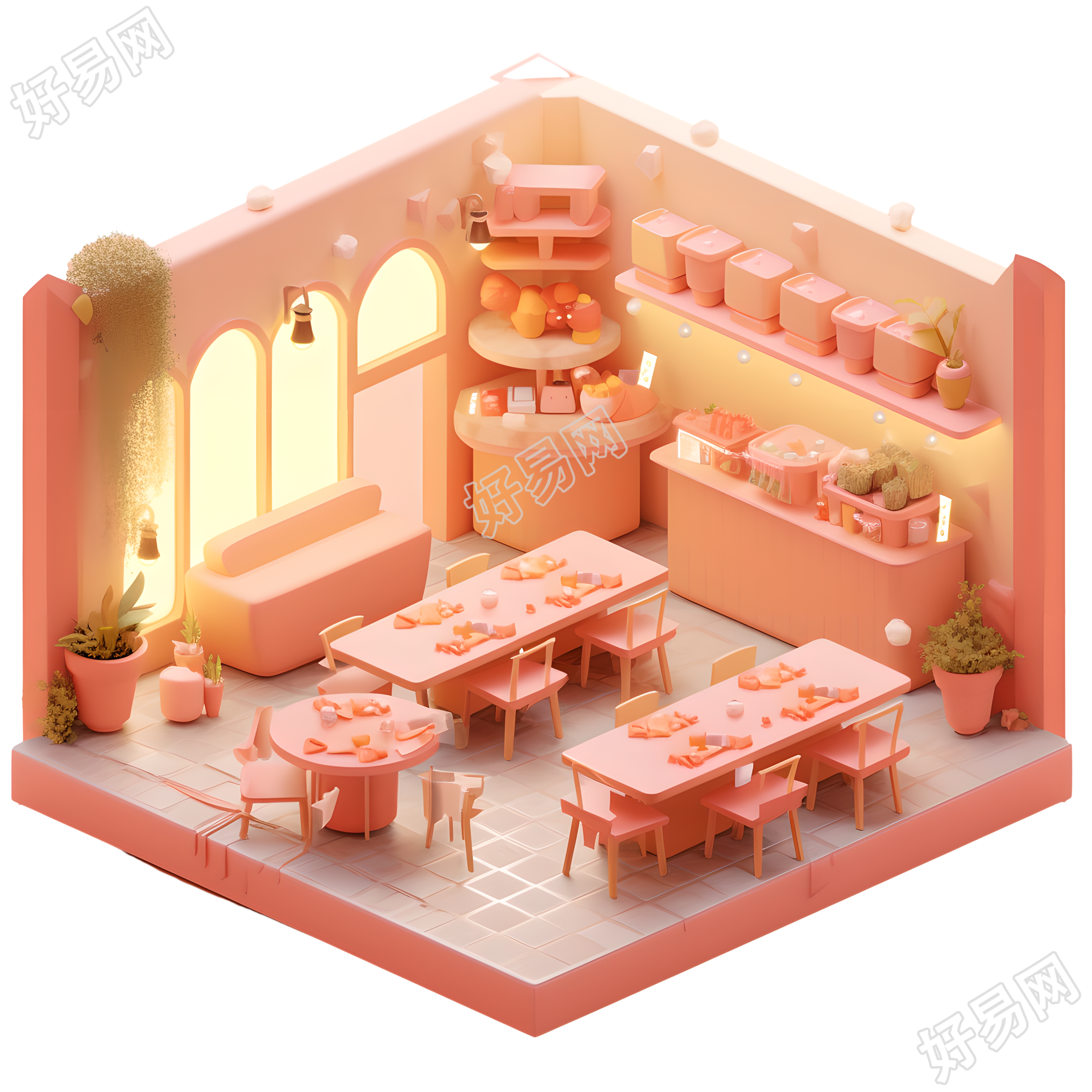 3D餐厅可爱卡通插画
