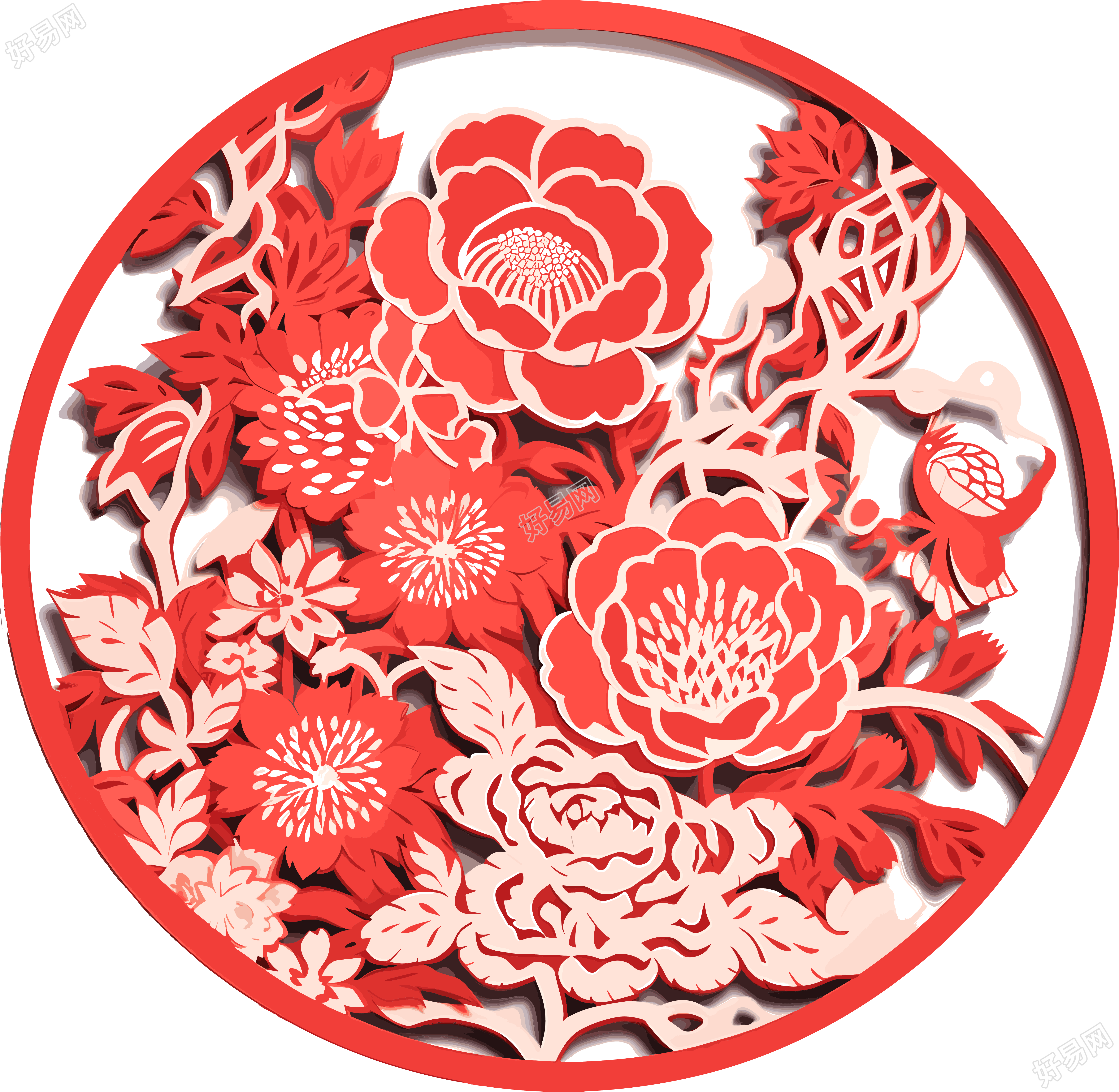 窗花剪纸牡丹花艺术素材PNG