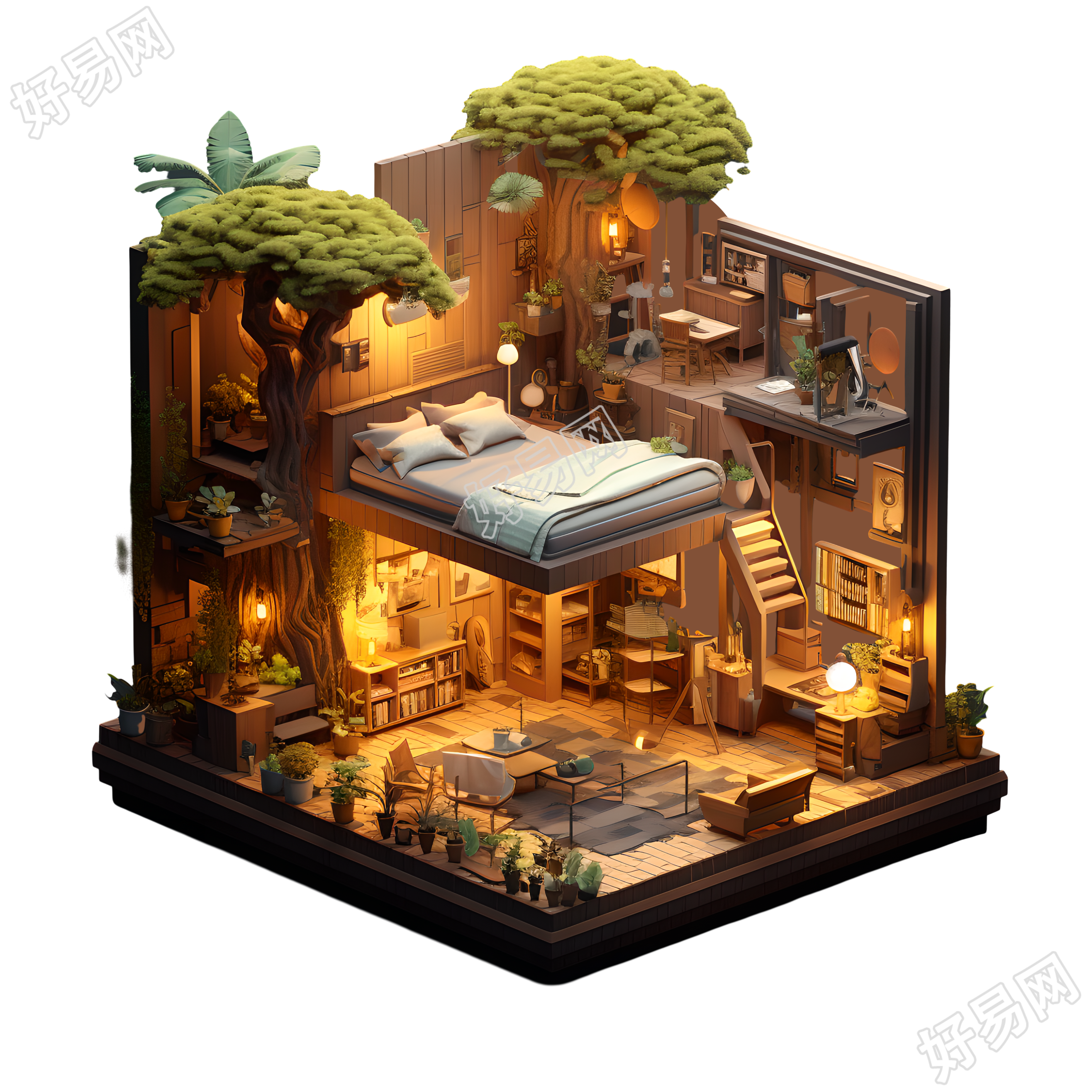 3D复式内景透明背景创意元素