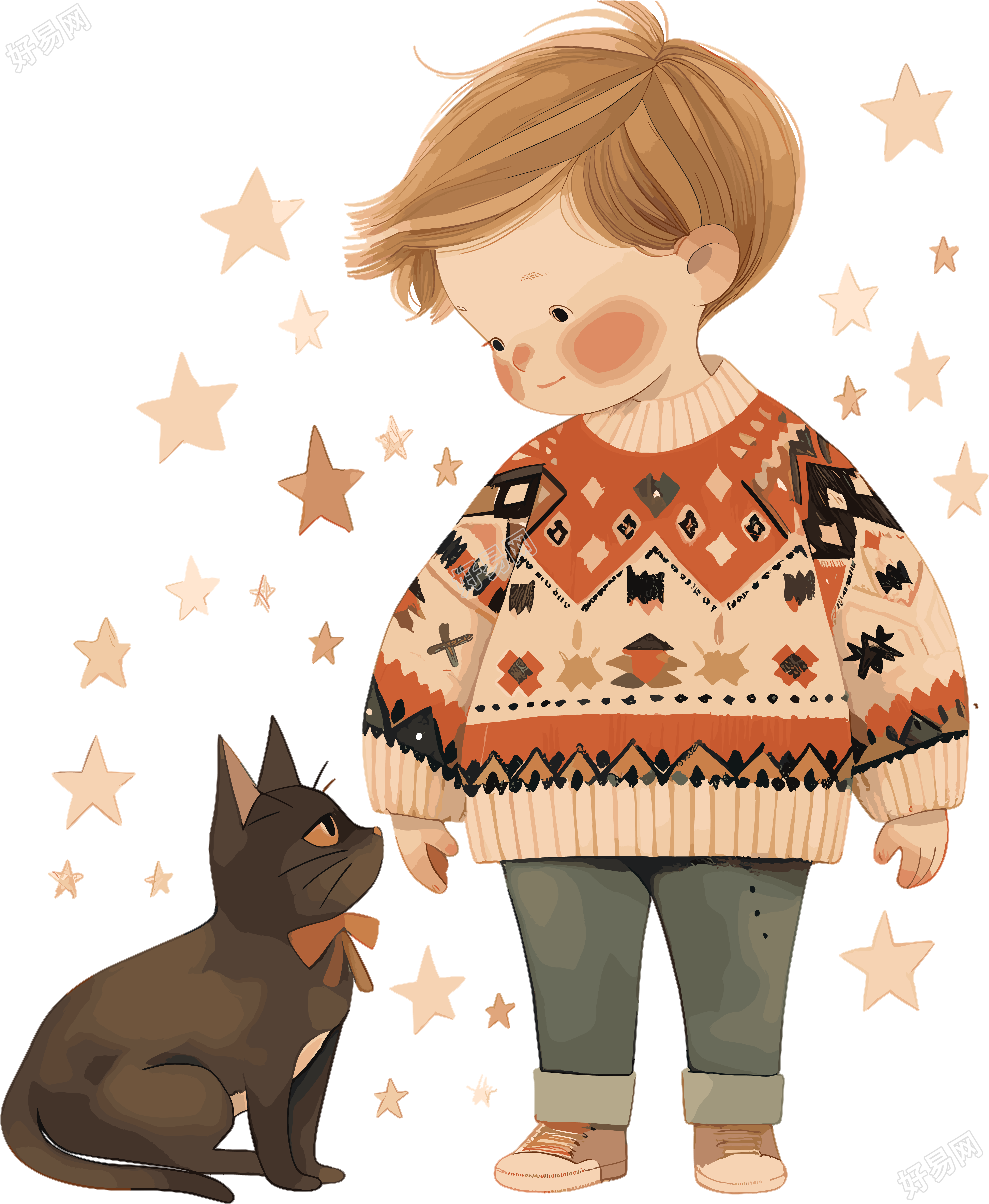 男孩和猫星星插画