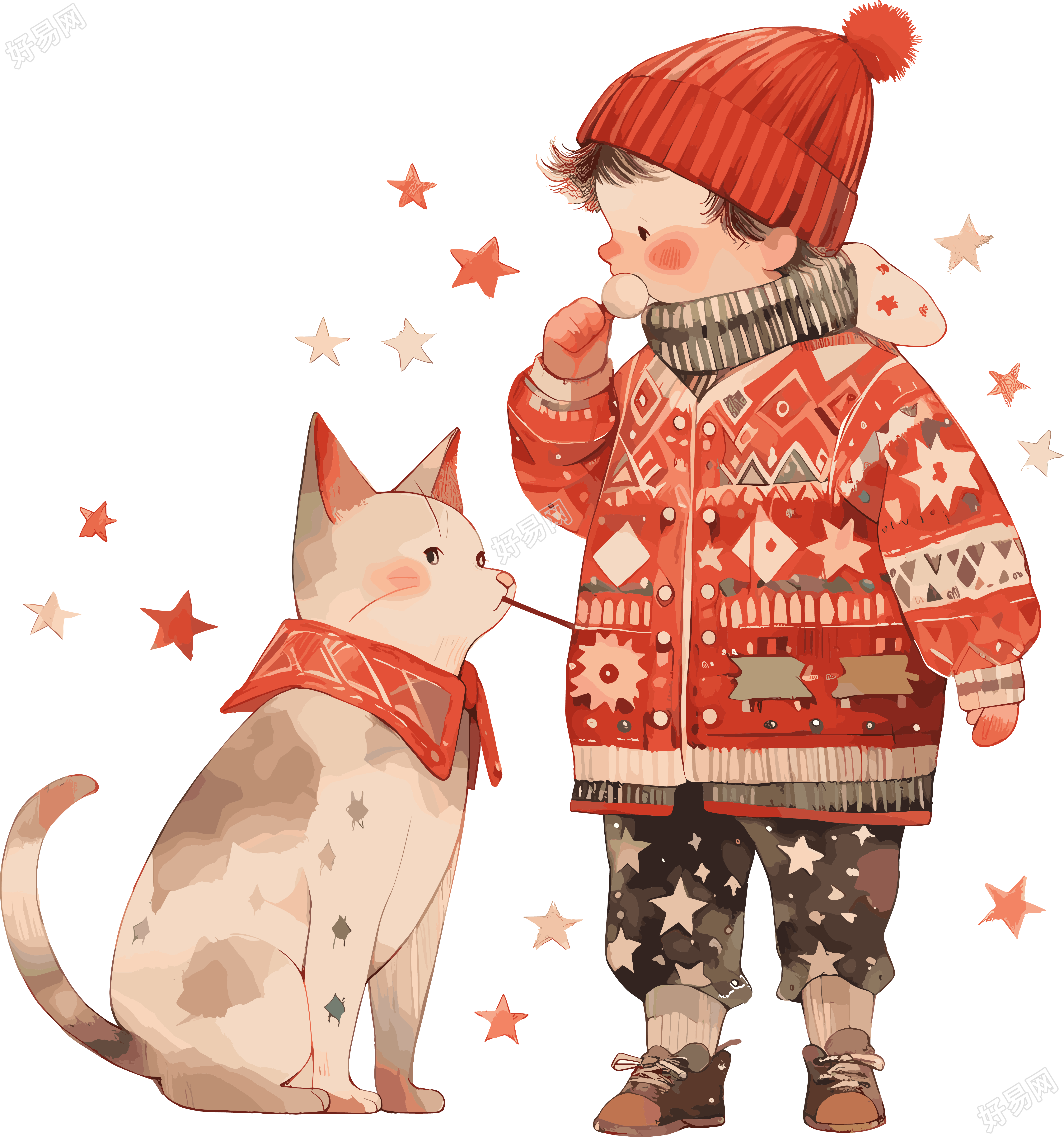 冬季小镇上的男孩和猫插画