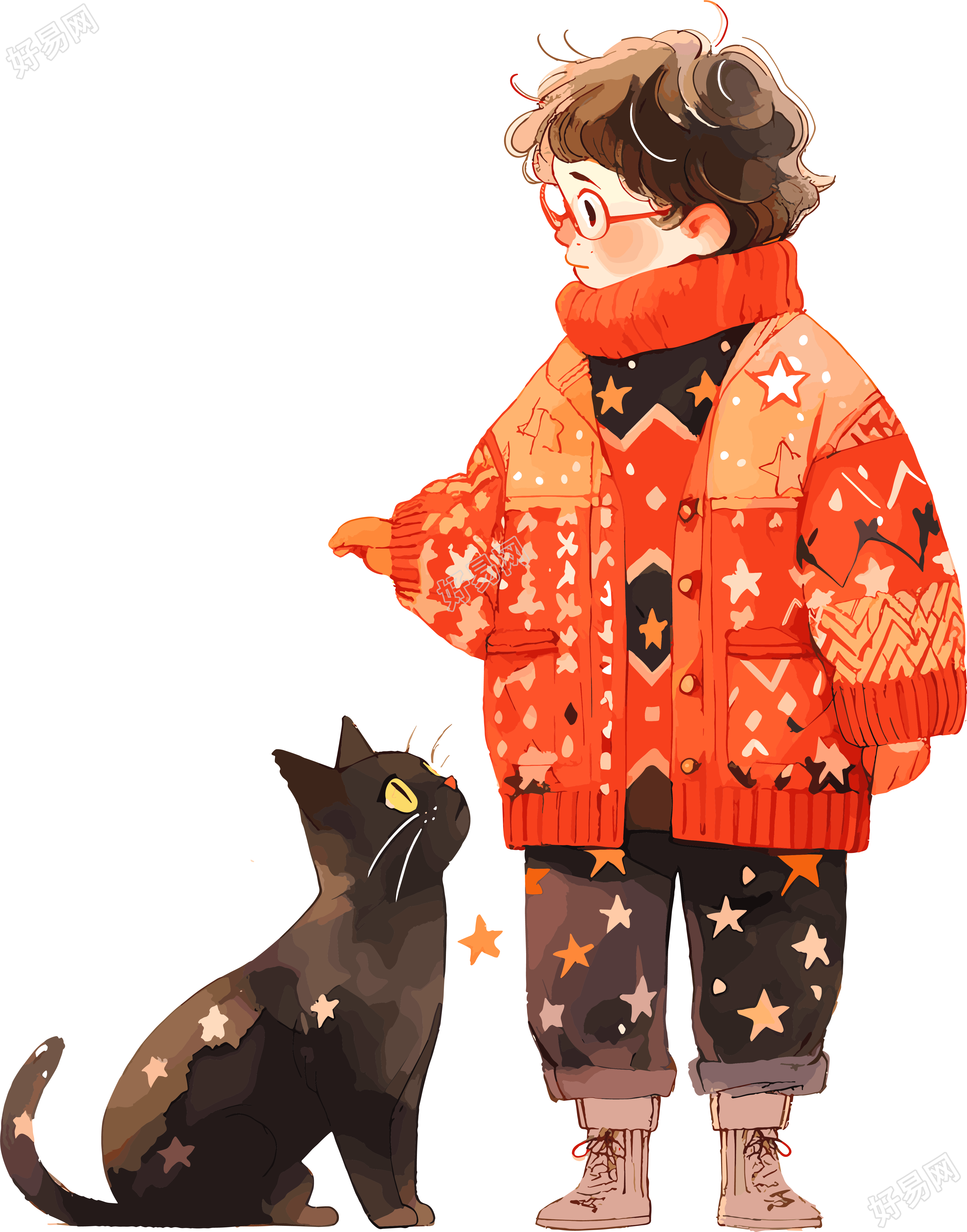 星星毛衣男孩和猫素材