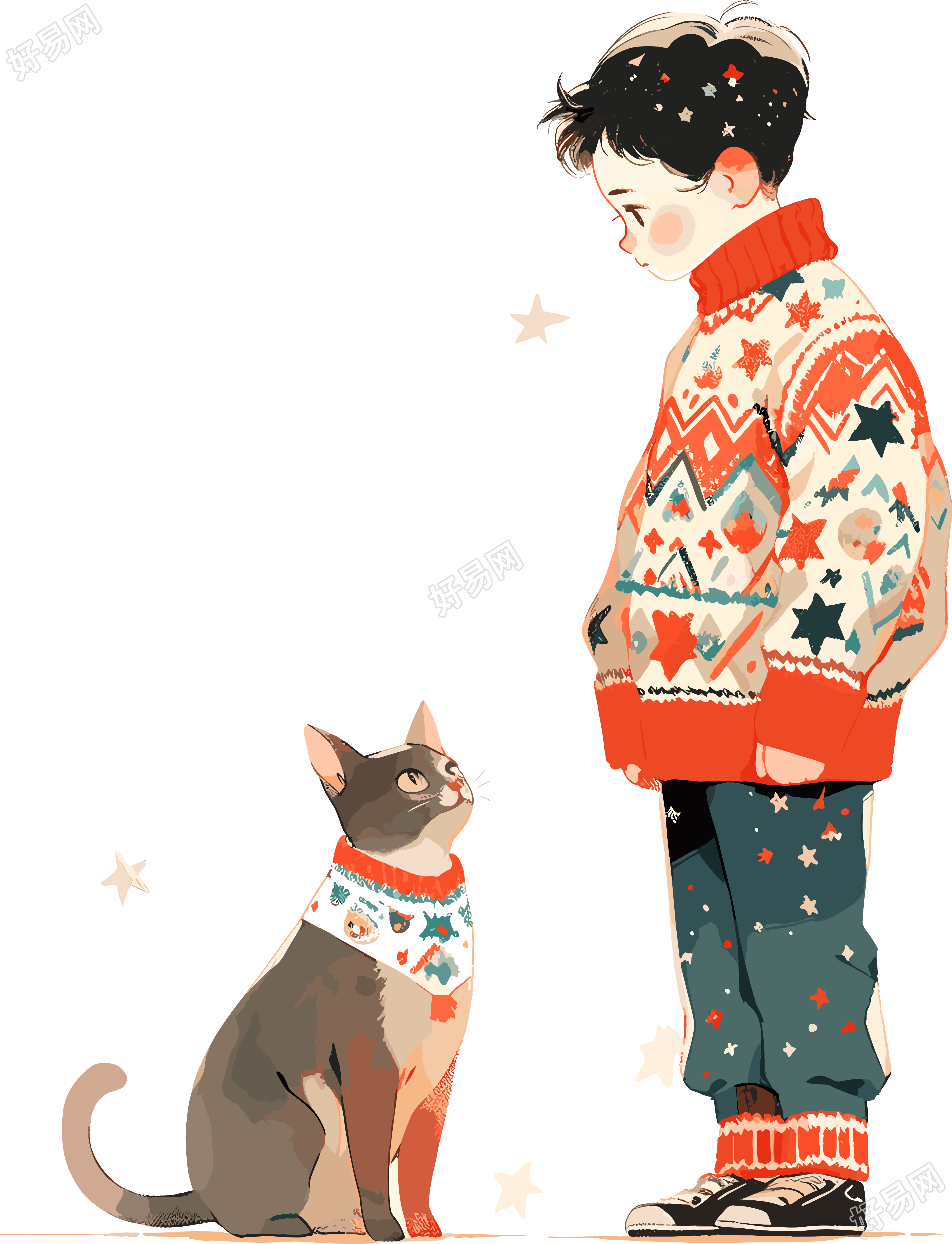 男孩和猫服装插画