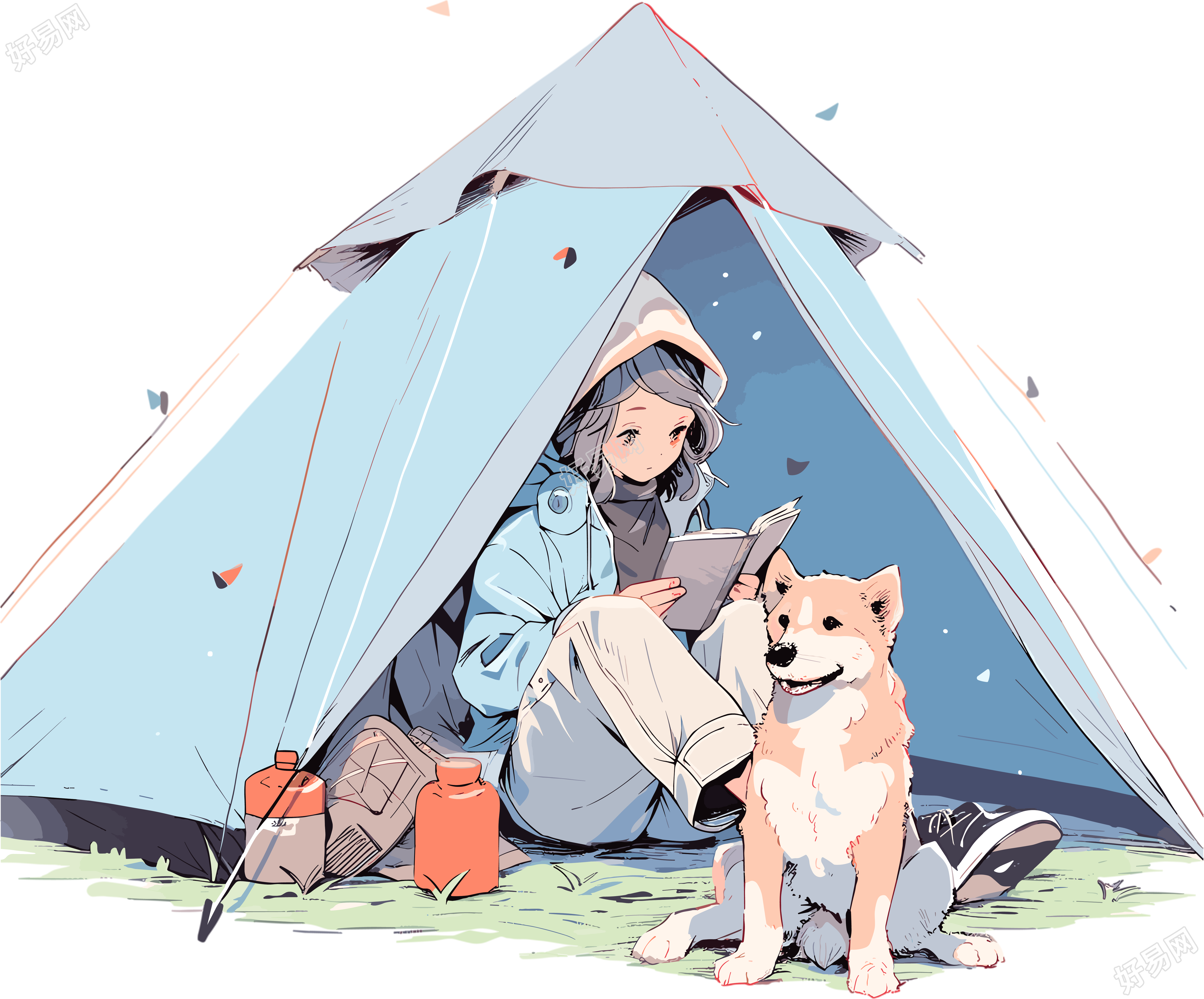 女孩狗狗露营彩色插画设计素材