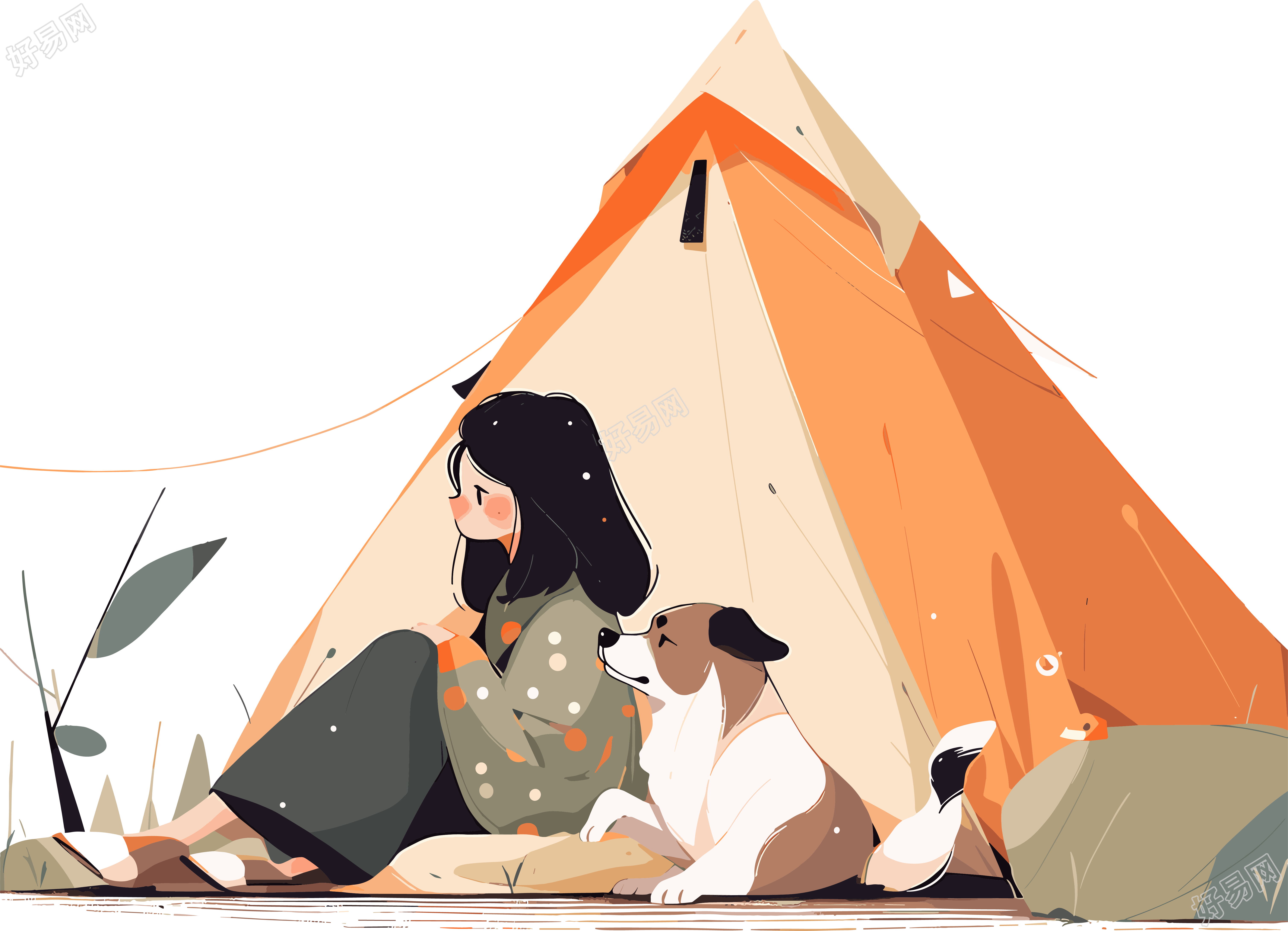 女孩狗狗露营彩色插画设计
