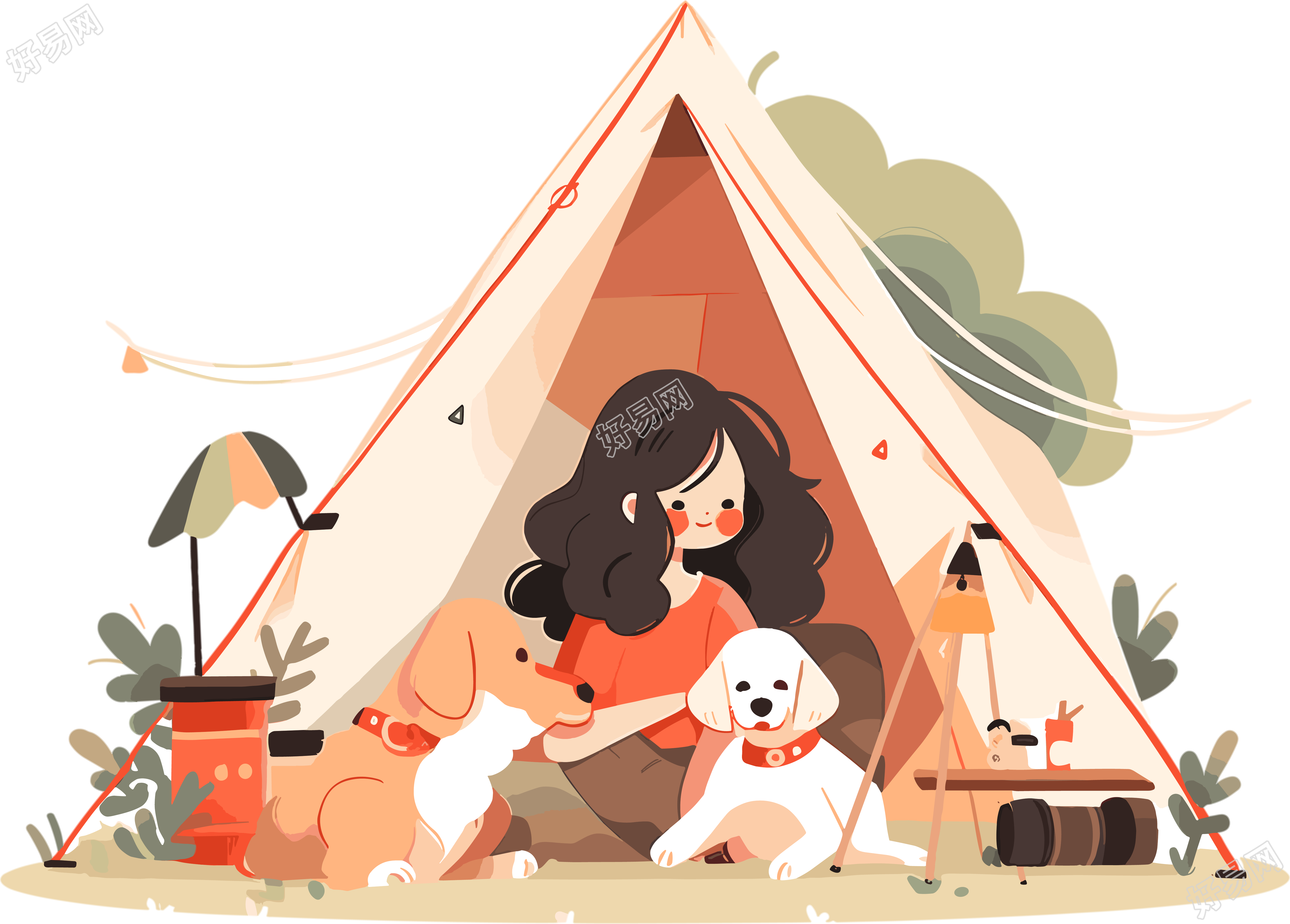 女孩狗狗露营创意设计插图