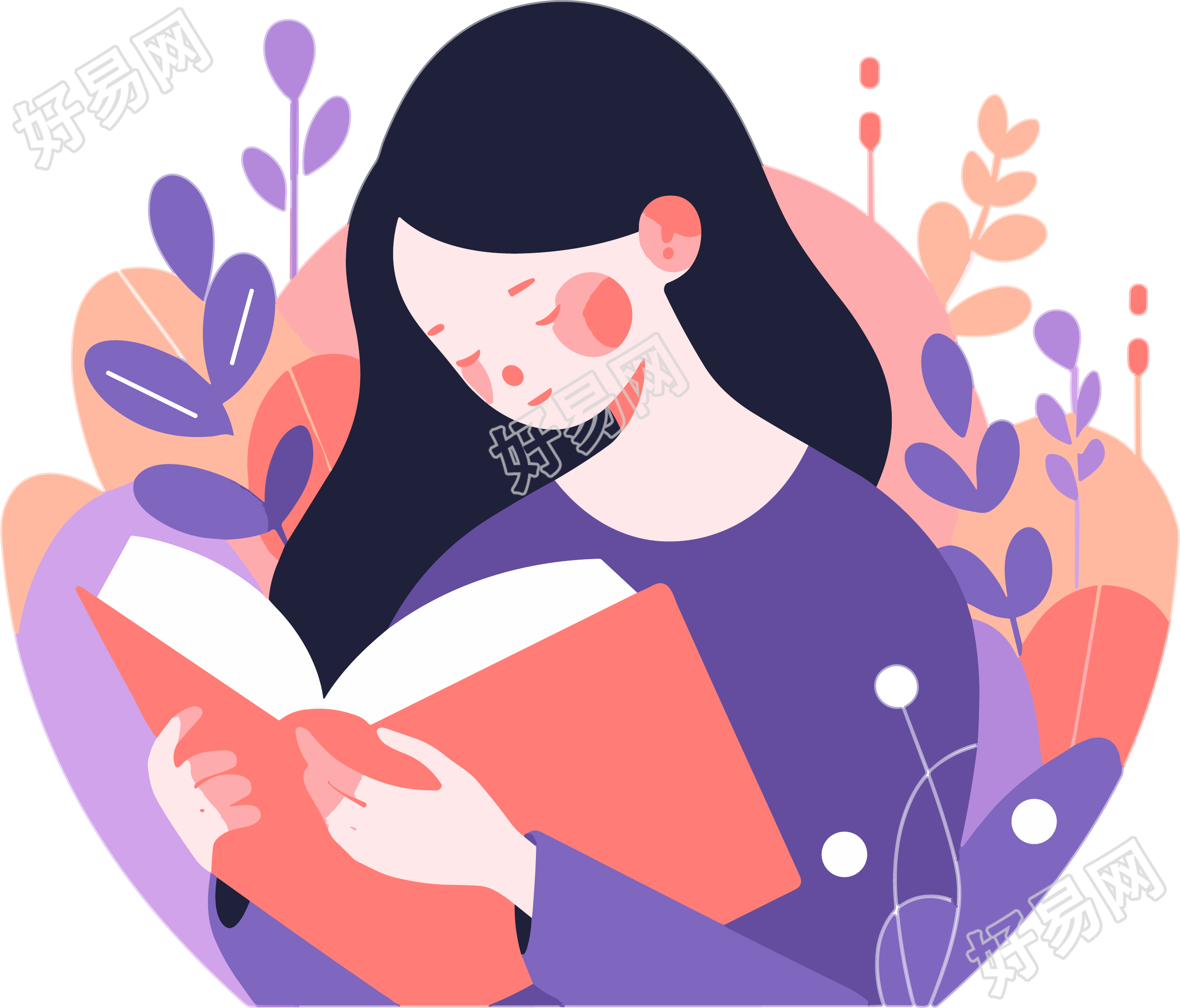 读书女孩平面插图素材