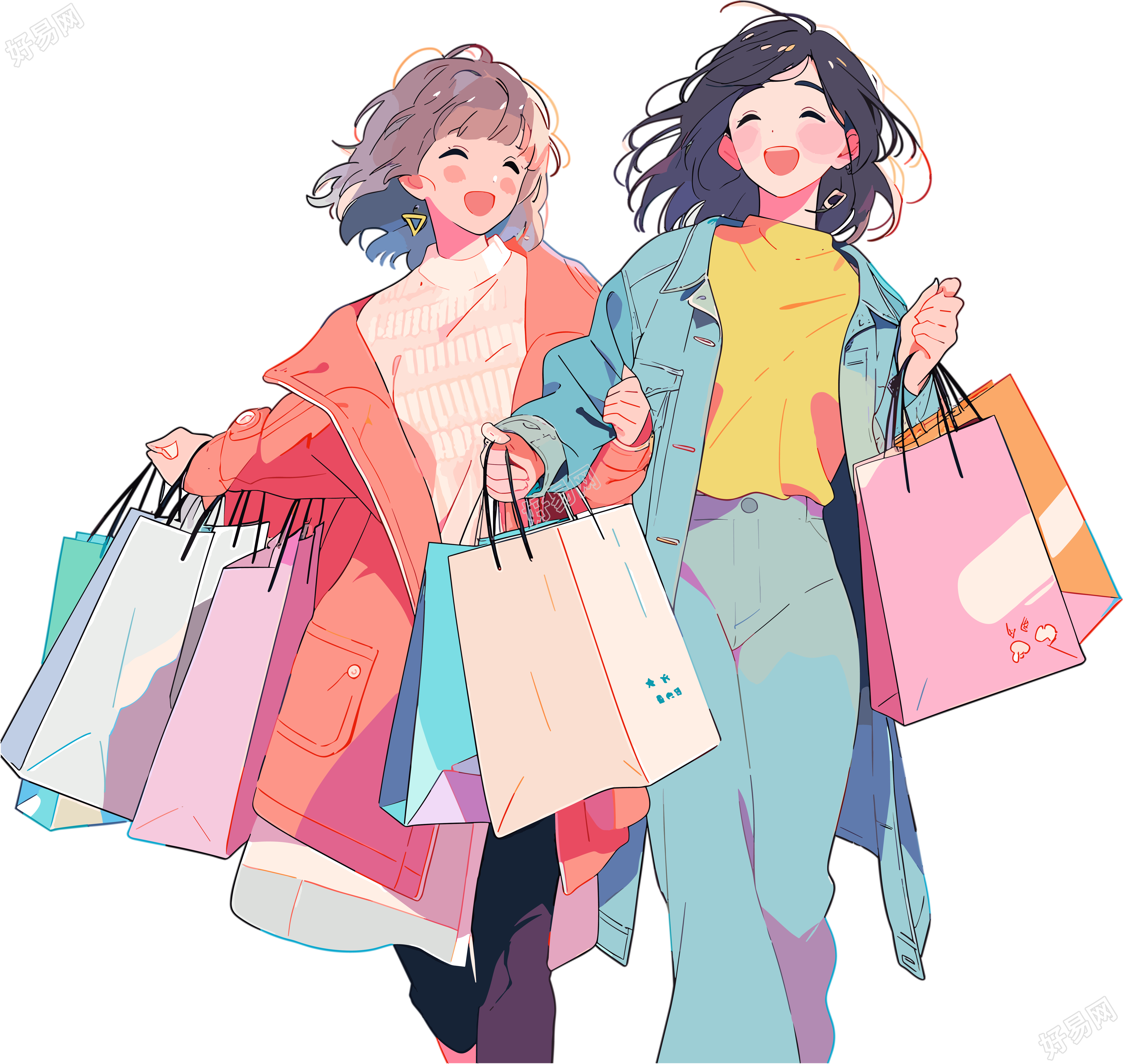 时尚女孩购物彩色插图