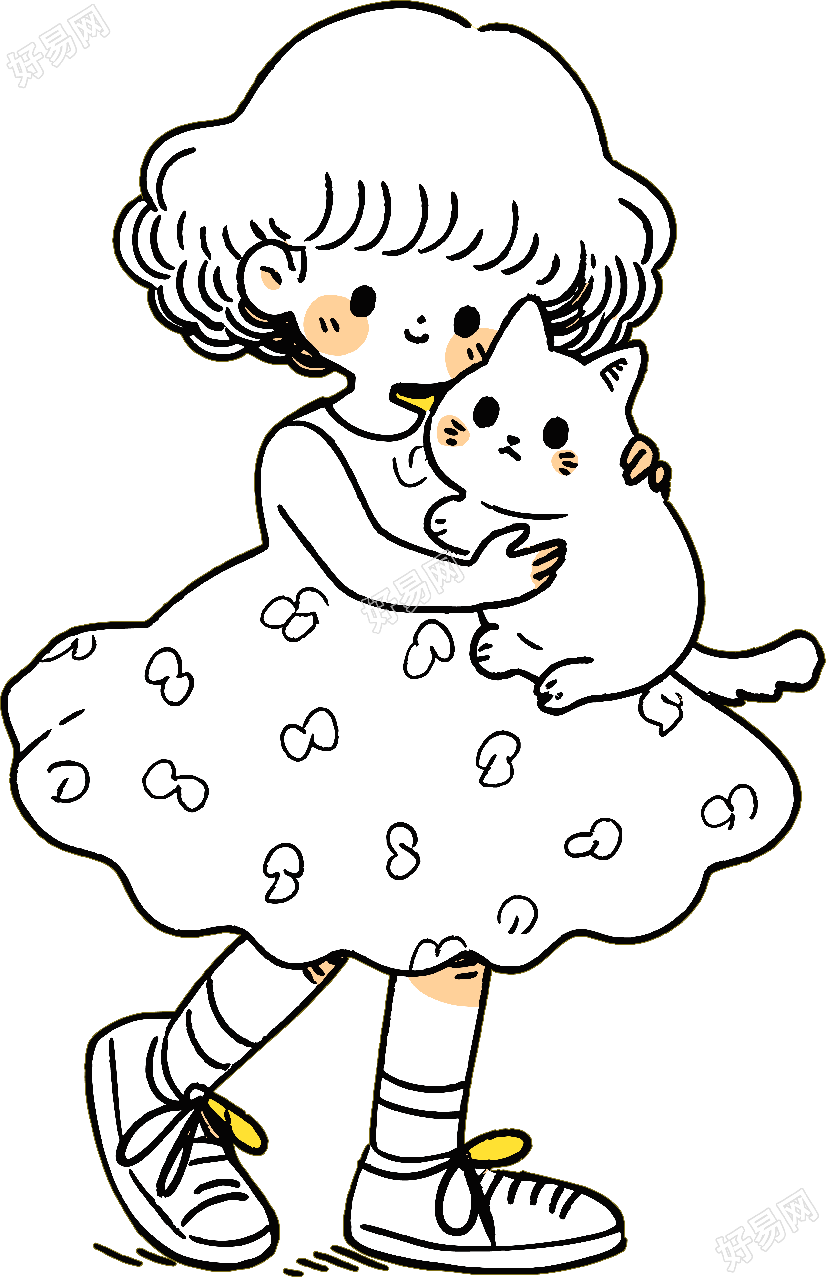 卡通小女孩和白色小猫插画