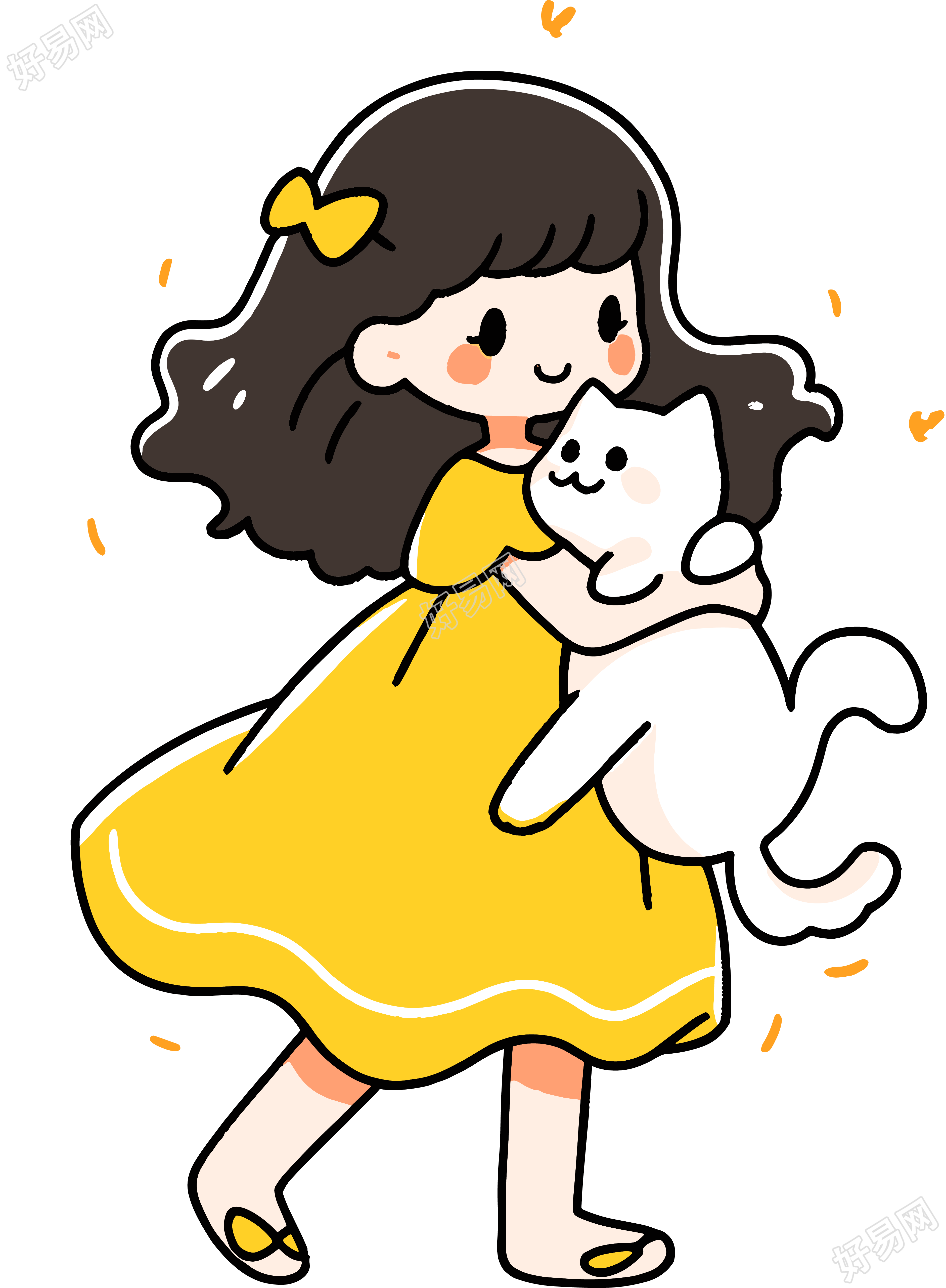 卡通小女孩与小白猫PNG图形素材