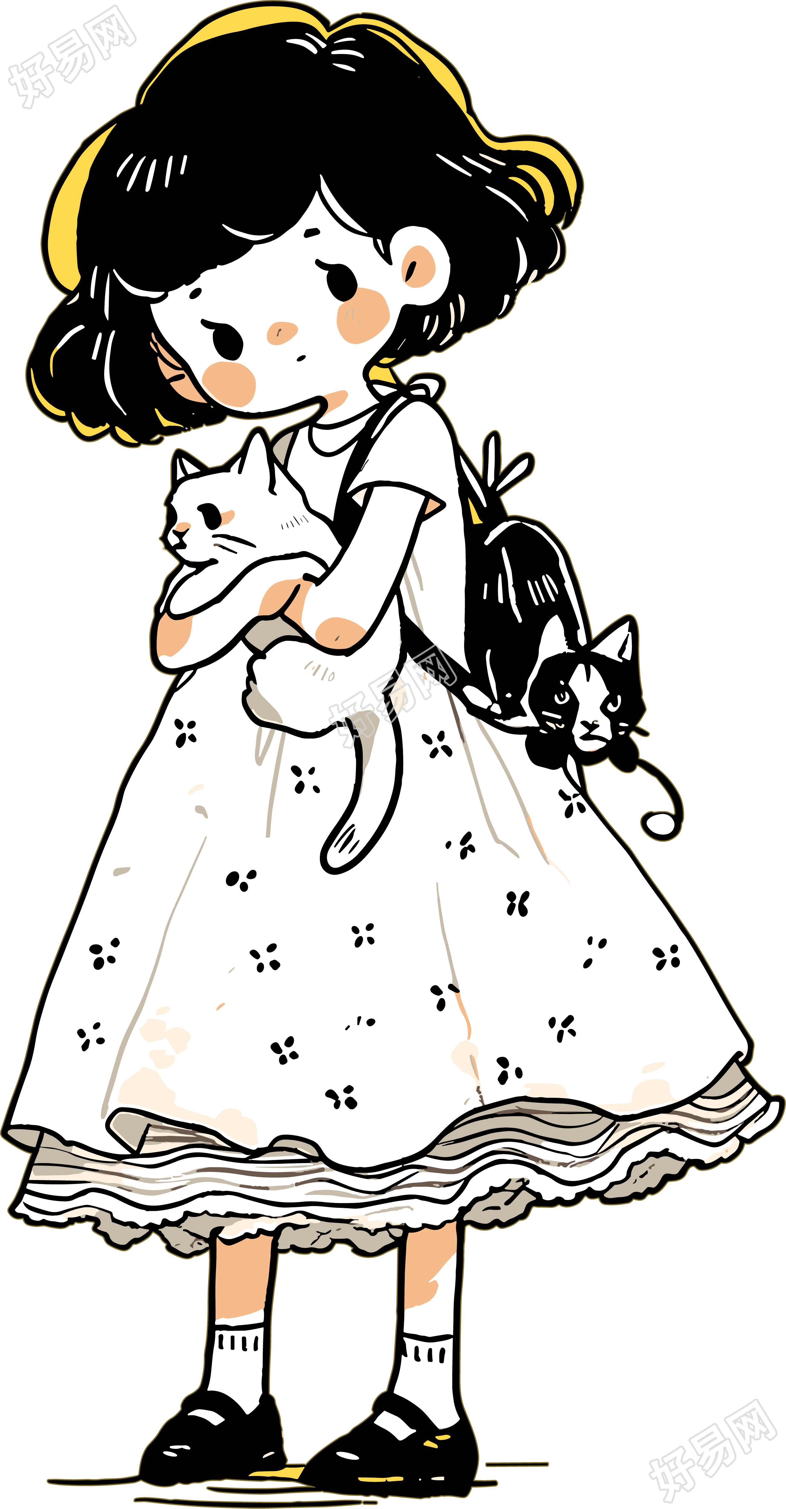 卡通小女孩白色小猫图形素材