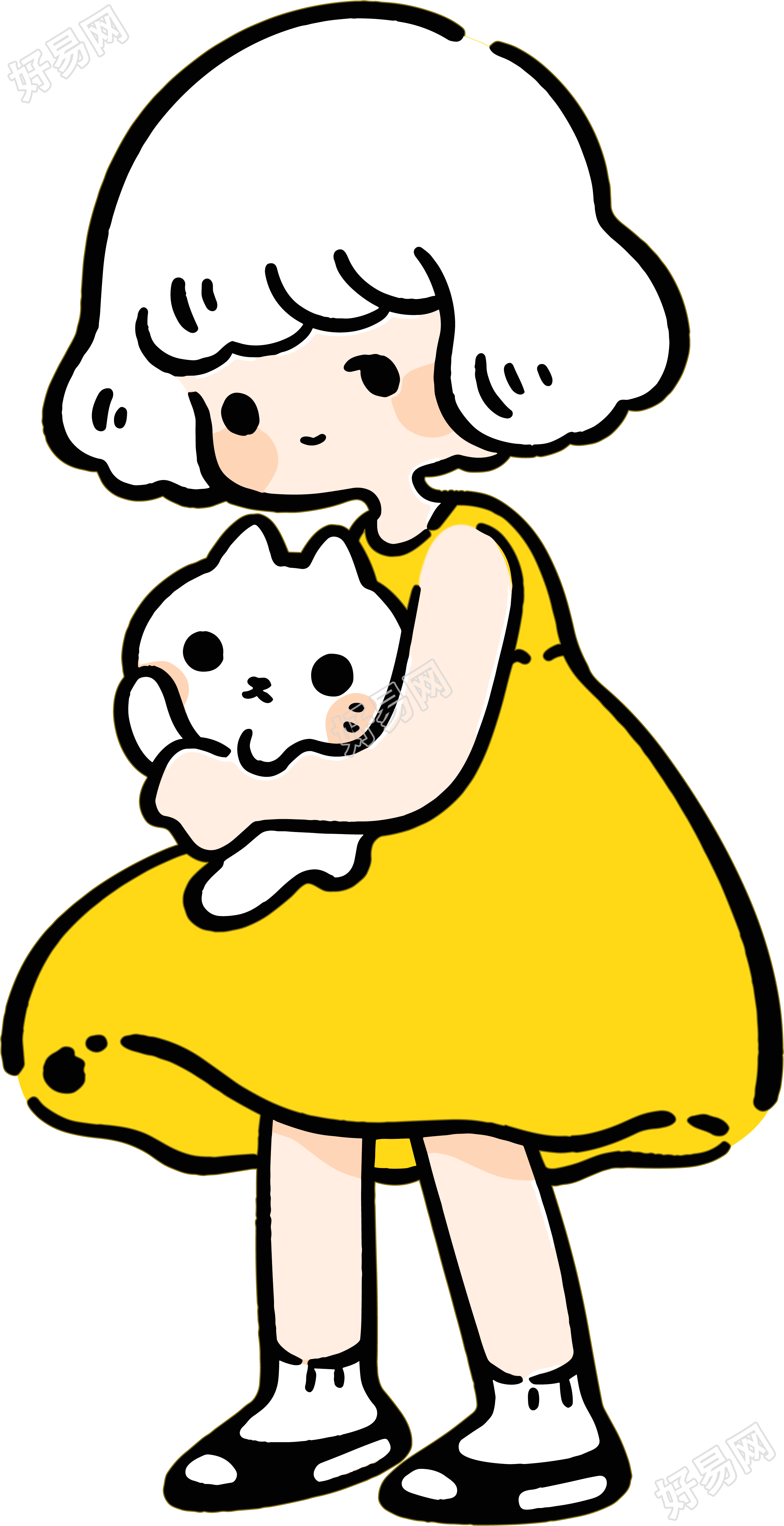 卡通小女孩与小白猫插画