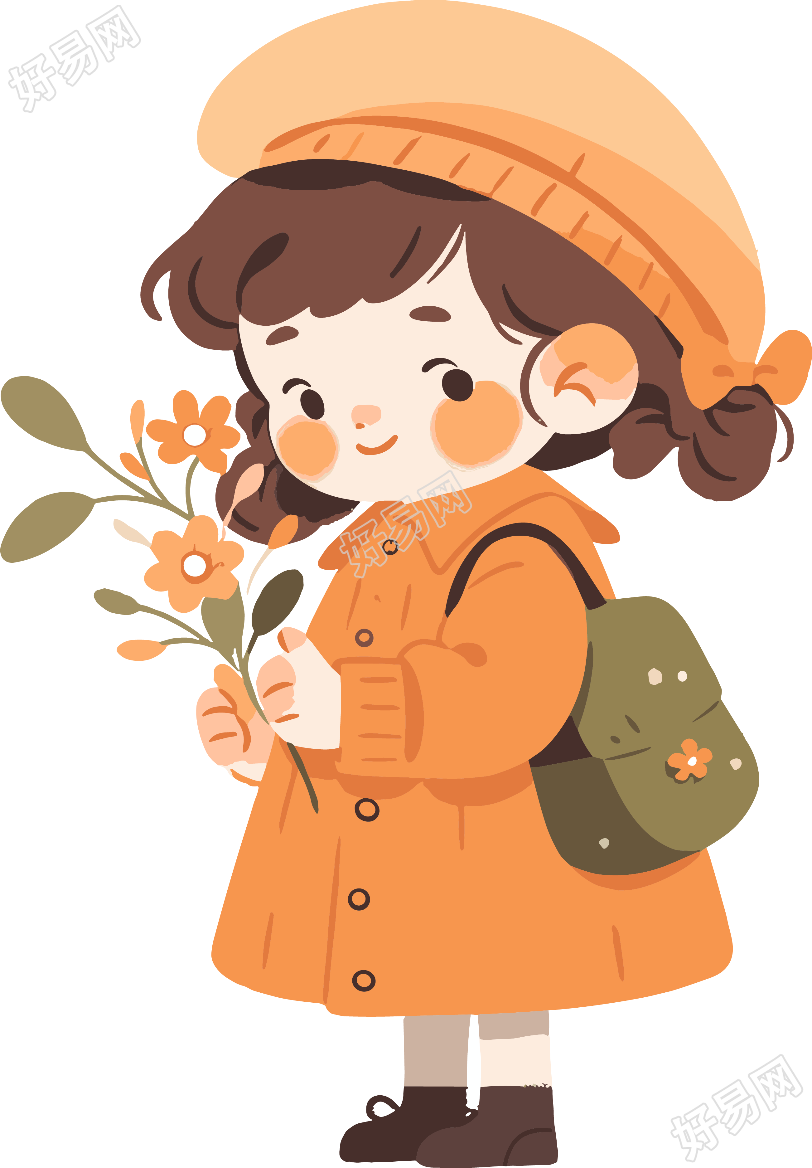 拿着花的小女孩手绘插画
