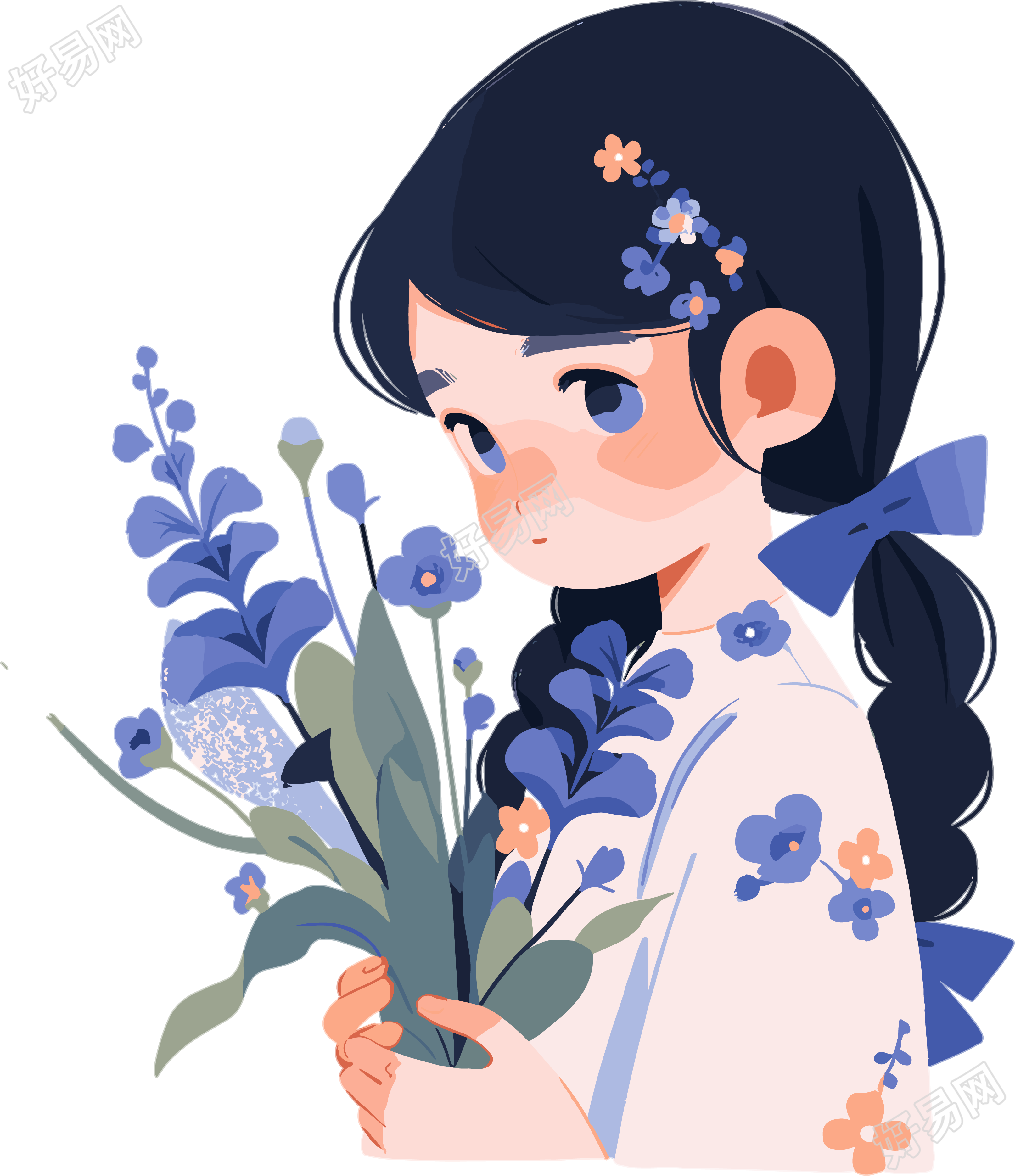 拿着花的小女孩儿童插图素材