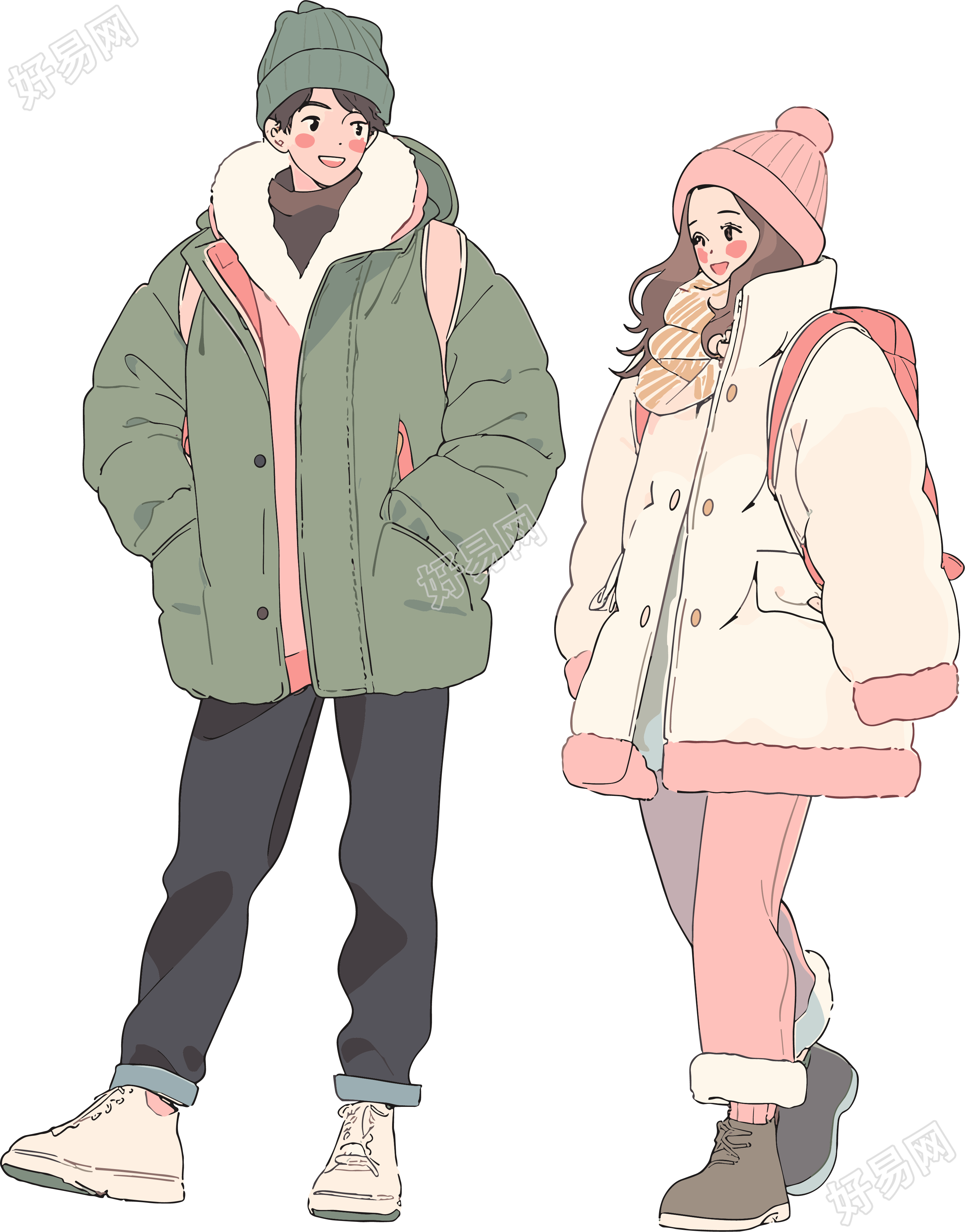 冬日情侣平面插画