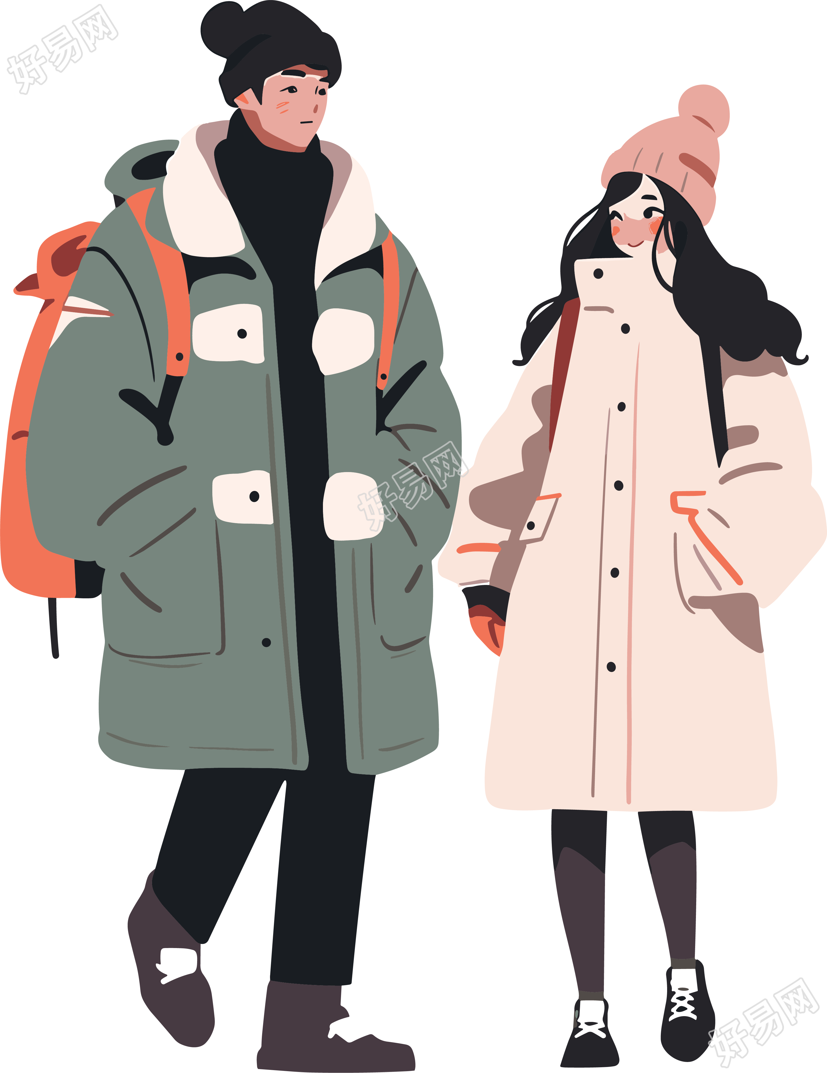 冬日情侣平面插画素材