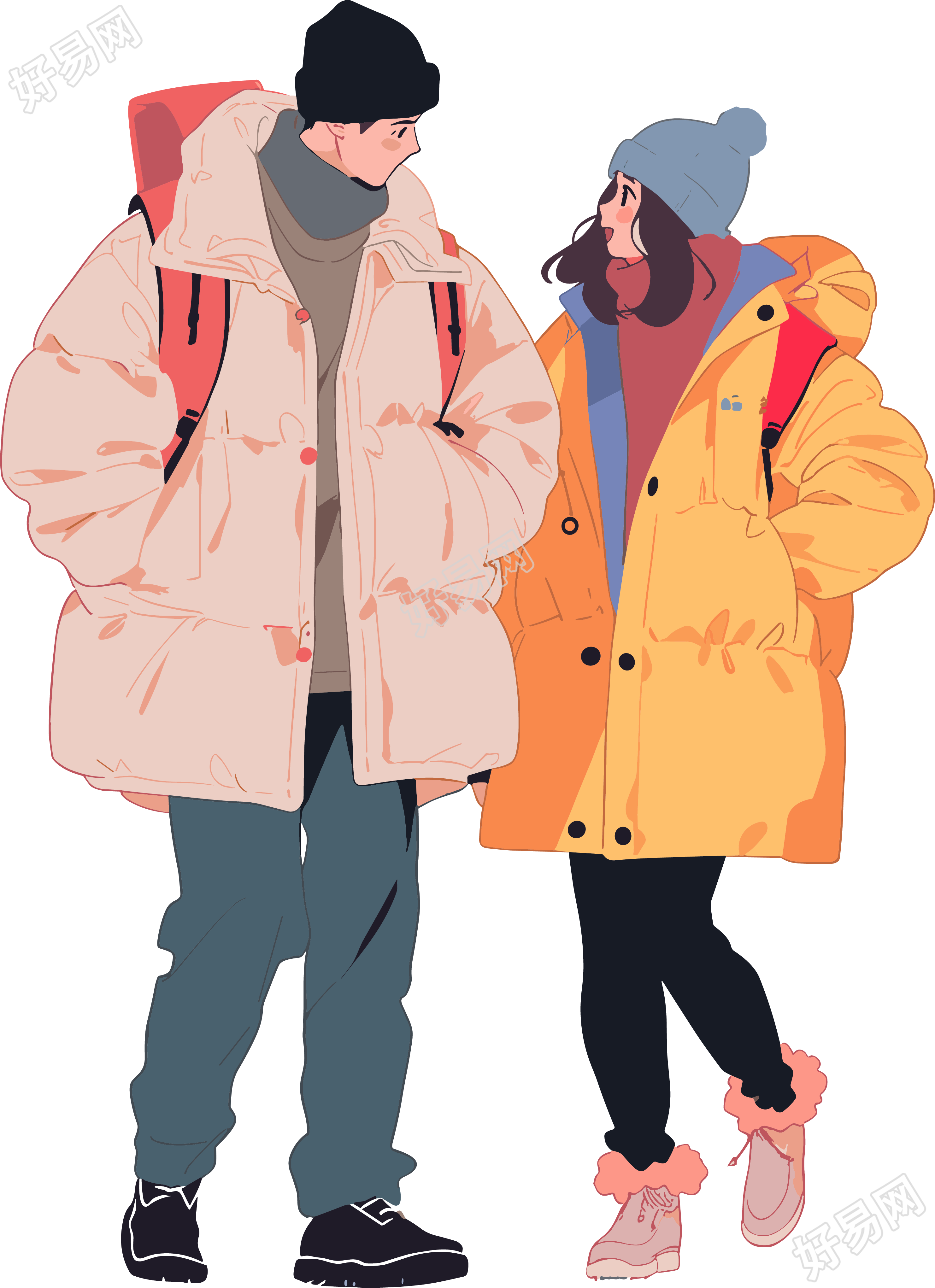 冬日情侣平面插画
