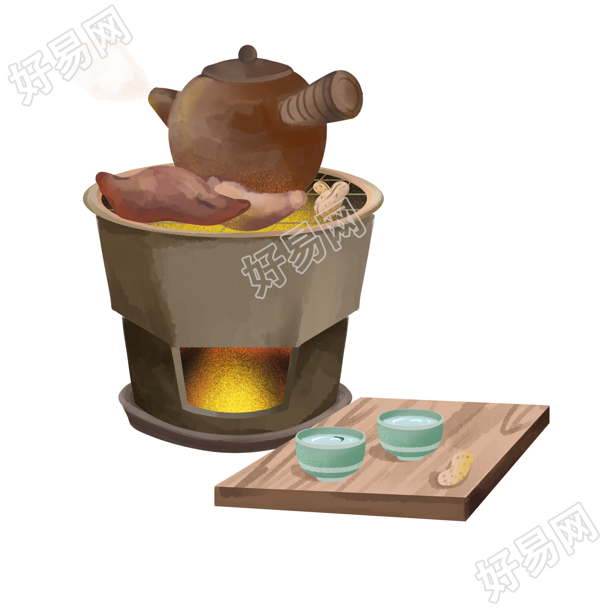 围炉煮茶烤地瓜透明背景插图