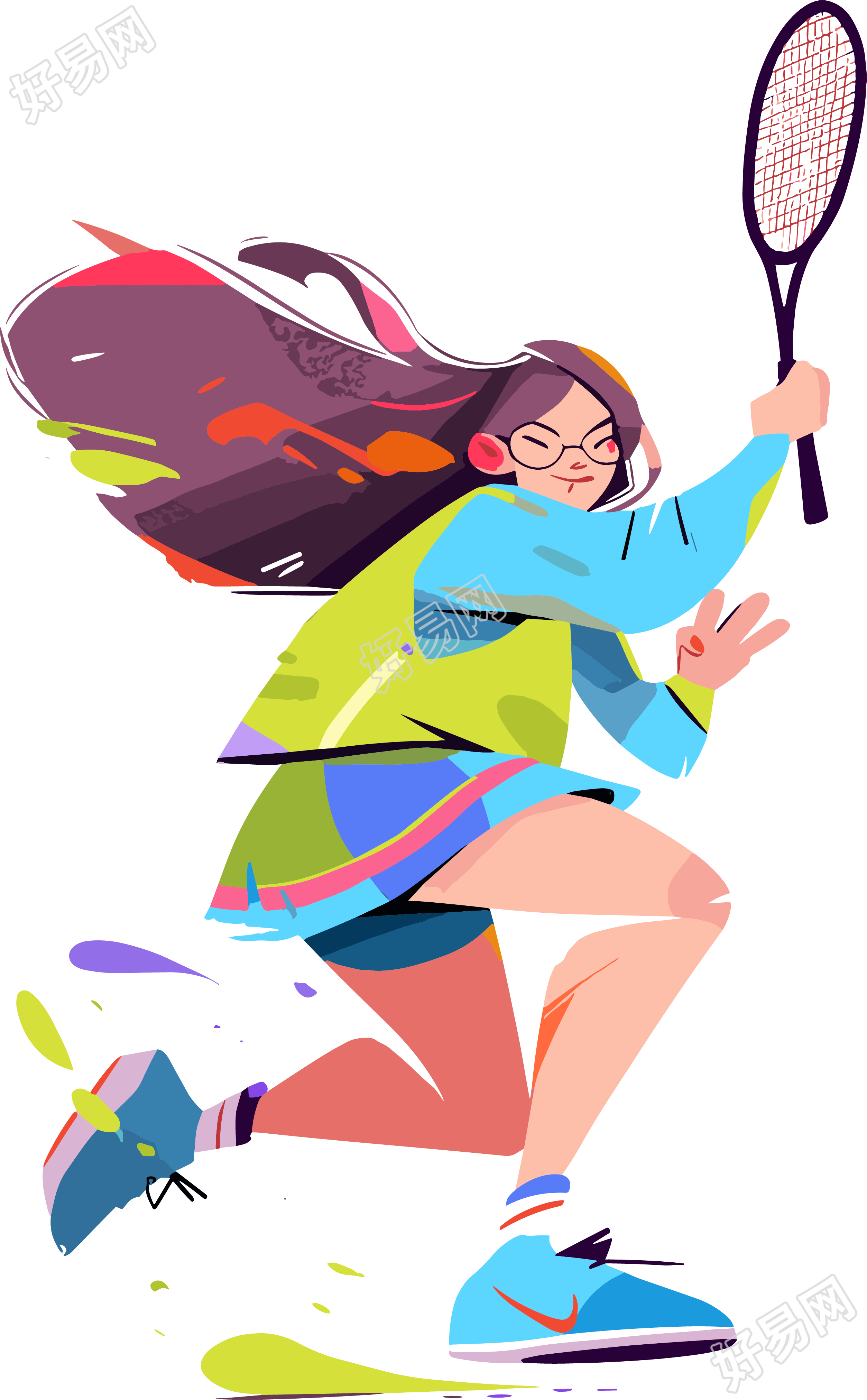打羽毛球的女生卡通插画