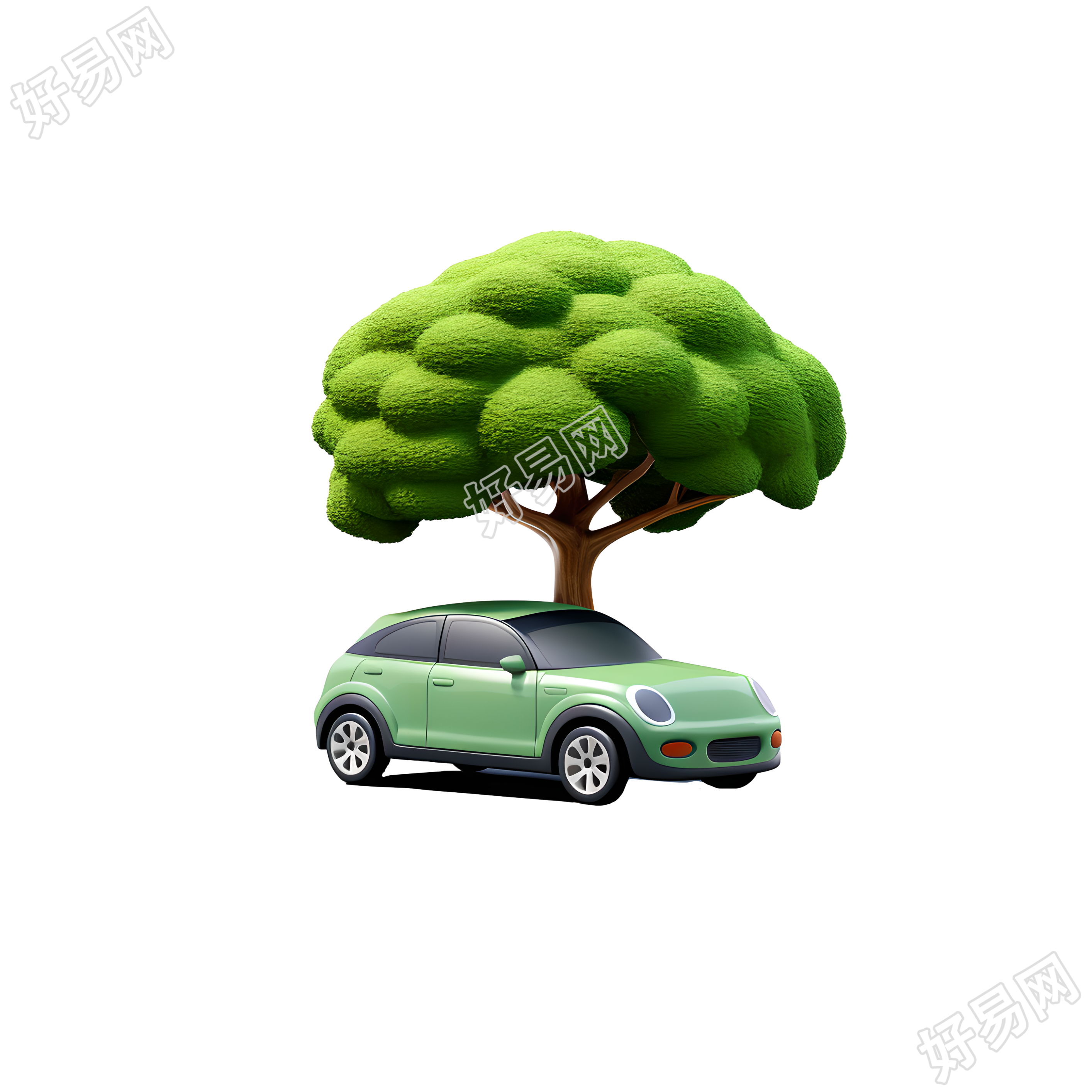 3D环保汽车和附近的树插图
