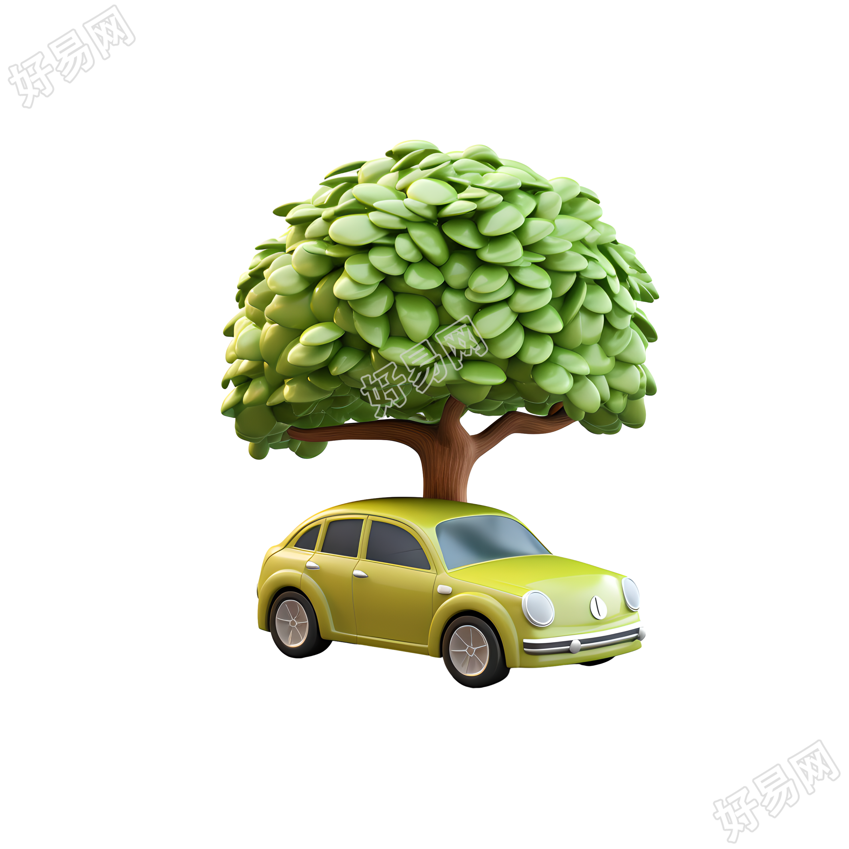 3D环保汽车绿色大树商用插画