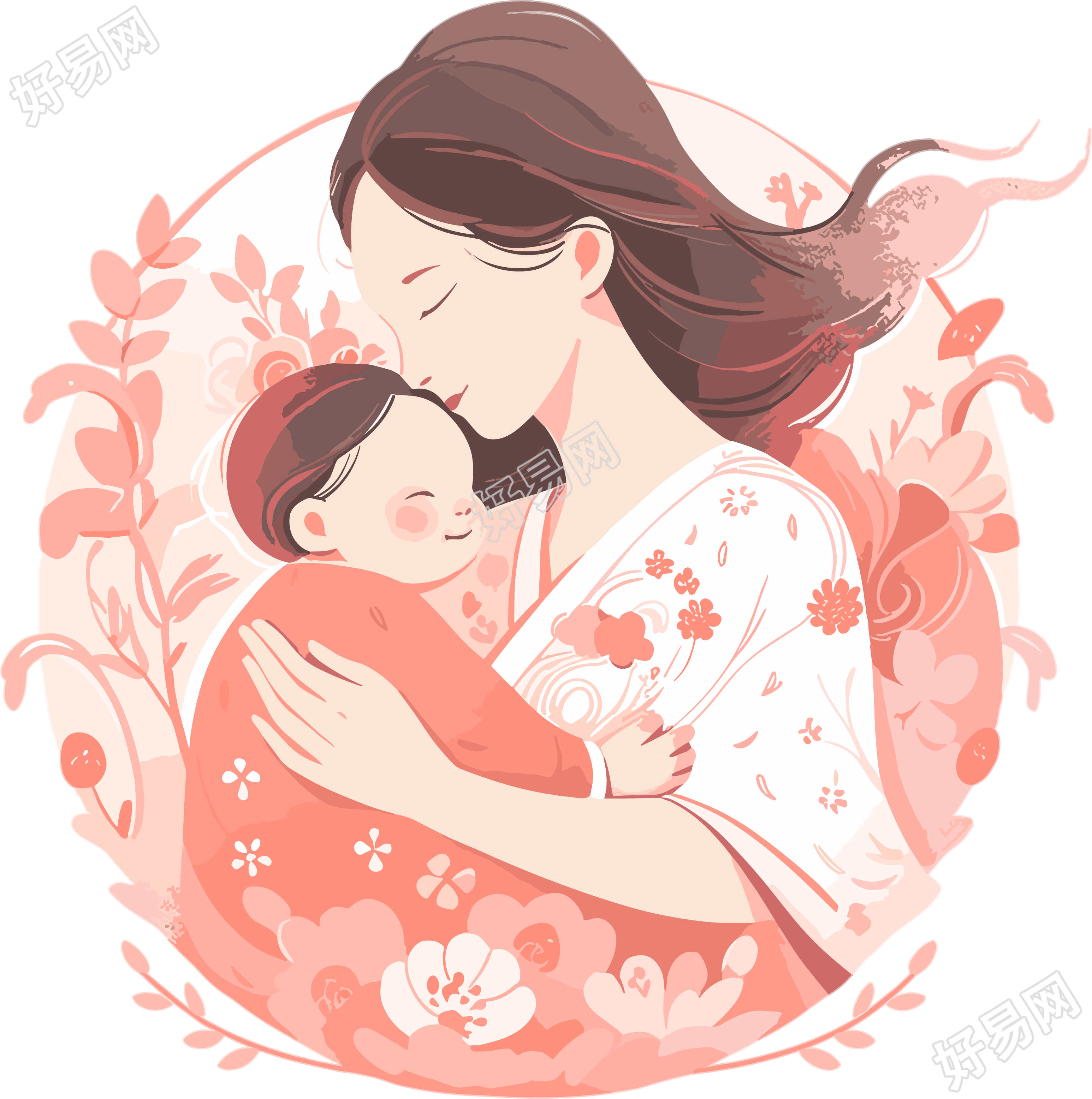 母亲节母亲抱着婴儿中国风插画