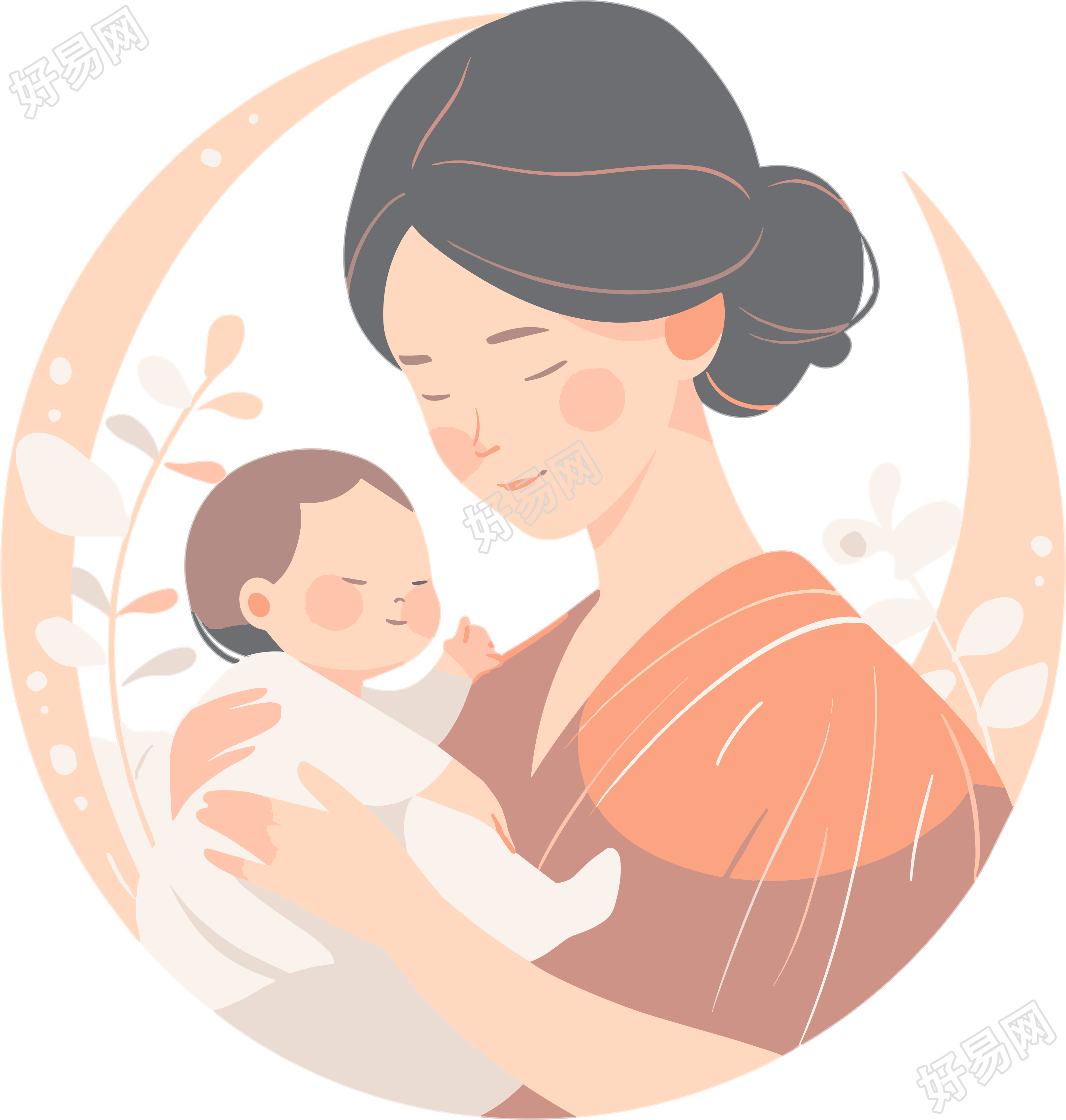 母亲节婴儿和母亲中国风插画