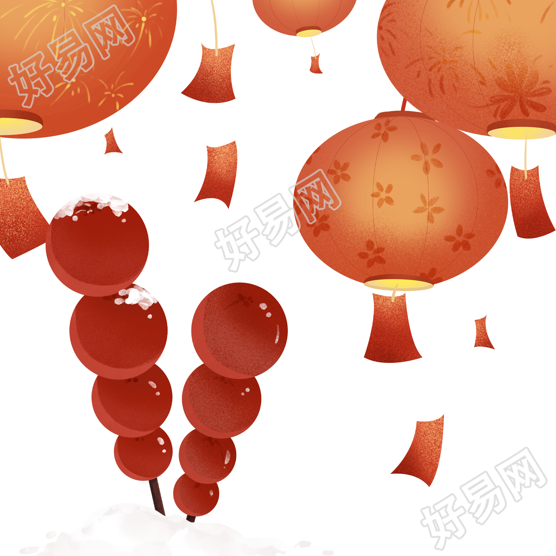 新年快乐红灯笼和糖葫芦PNG插画