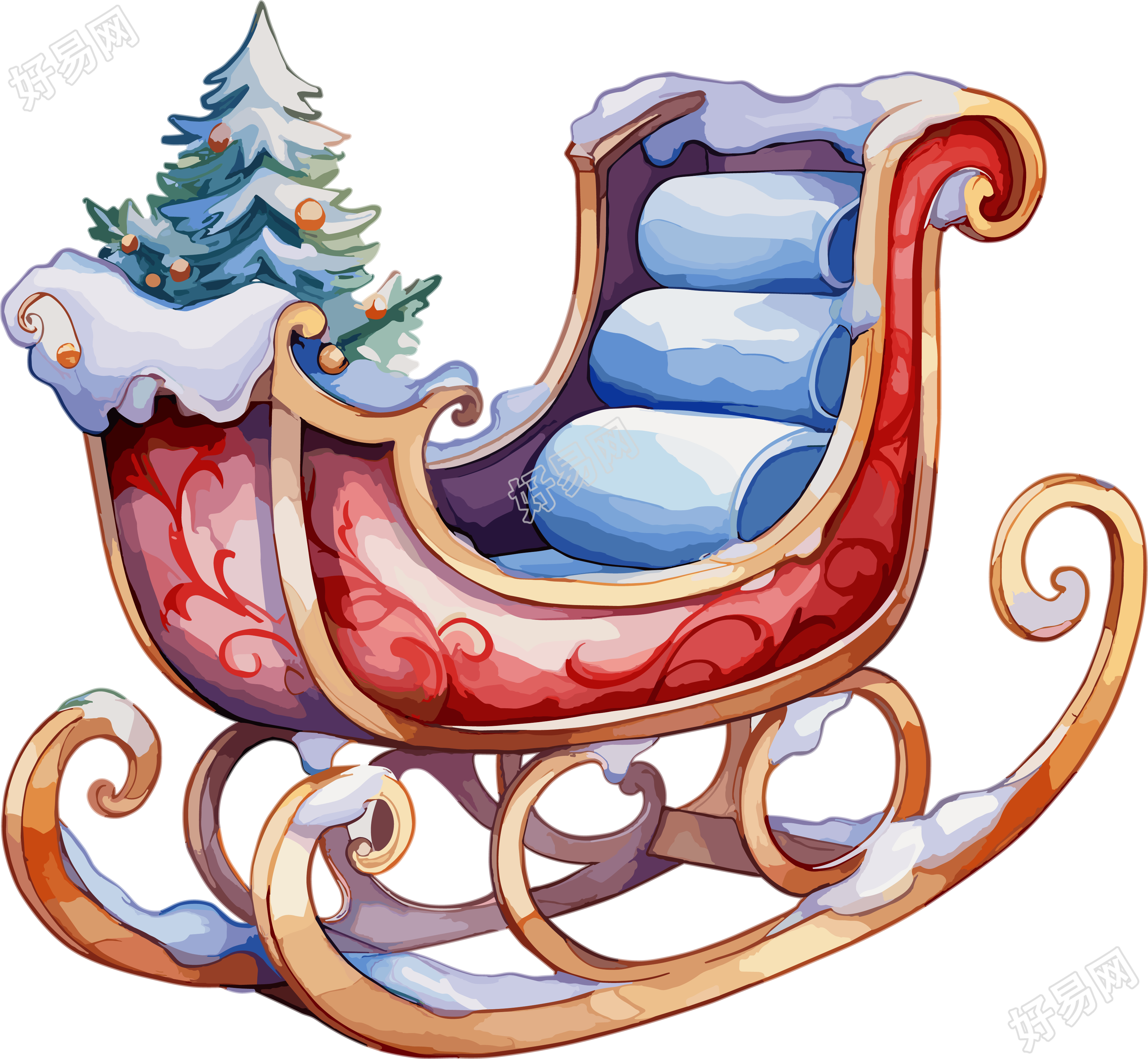 圣诞雪橇水彩插画