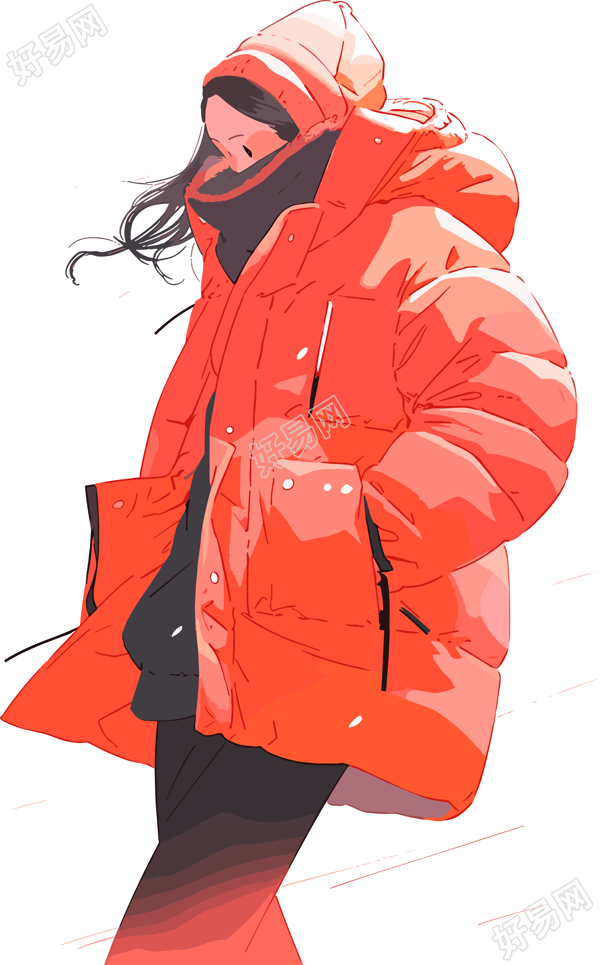 冬季羽绒服女孩红色系插画