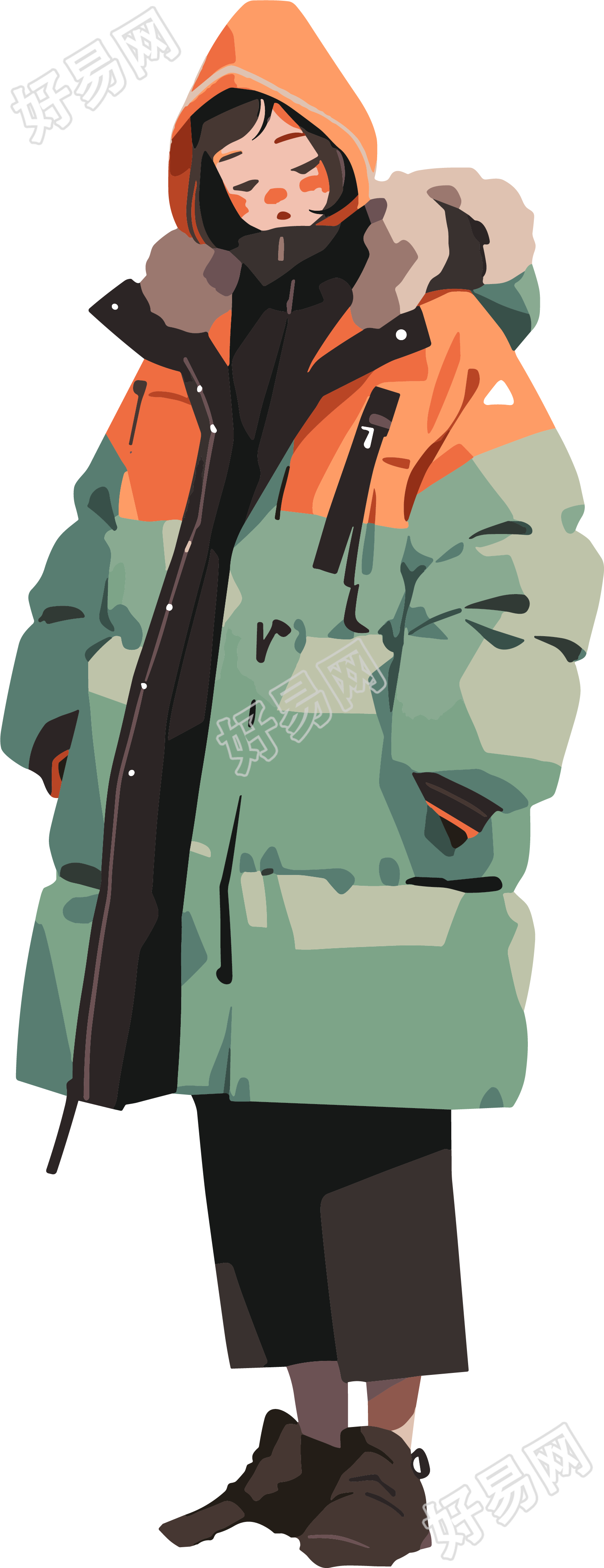 冬季羽绒服女孩创意服装插画
