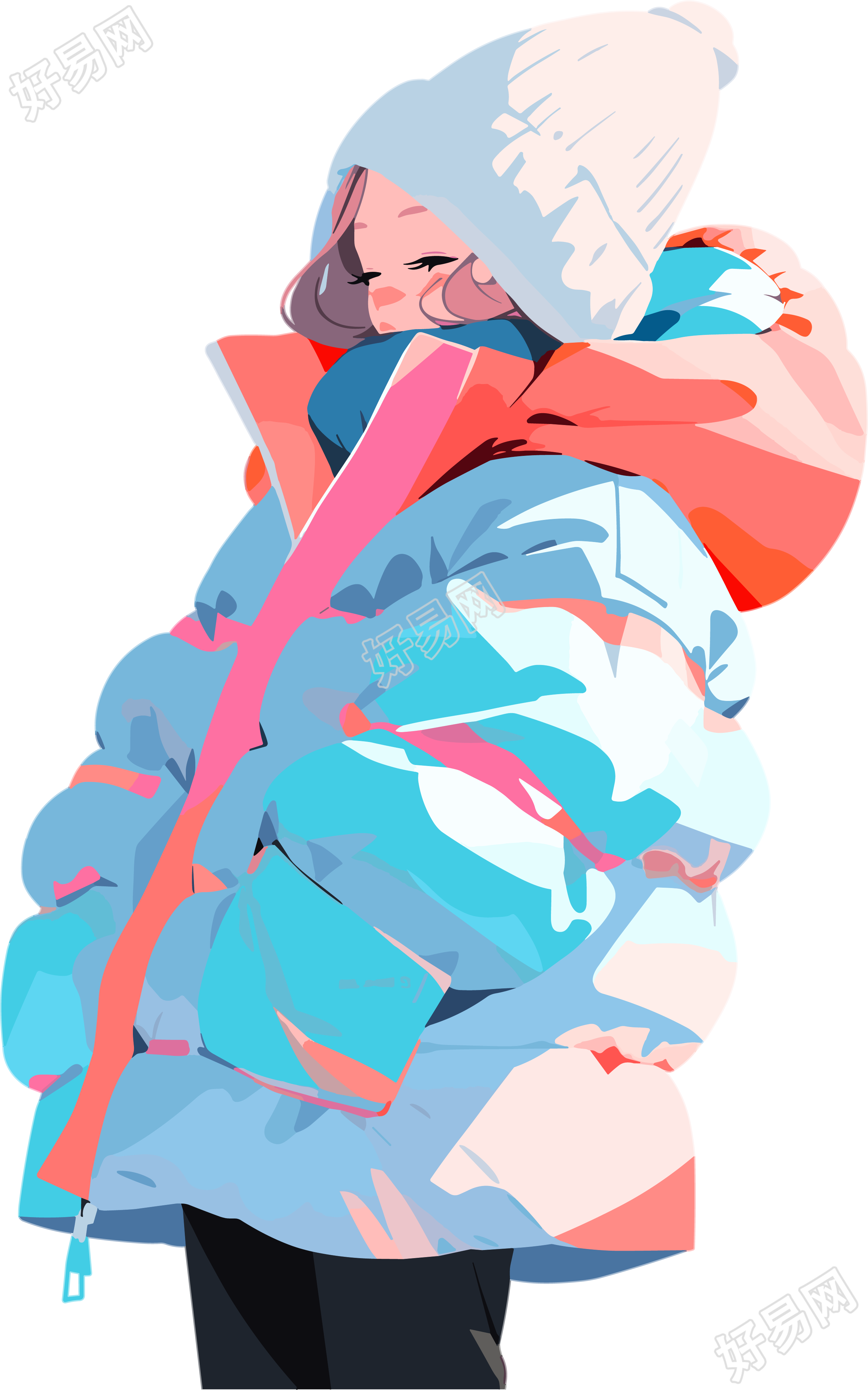 冬季羽绒服女孩2D图形插画