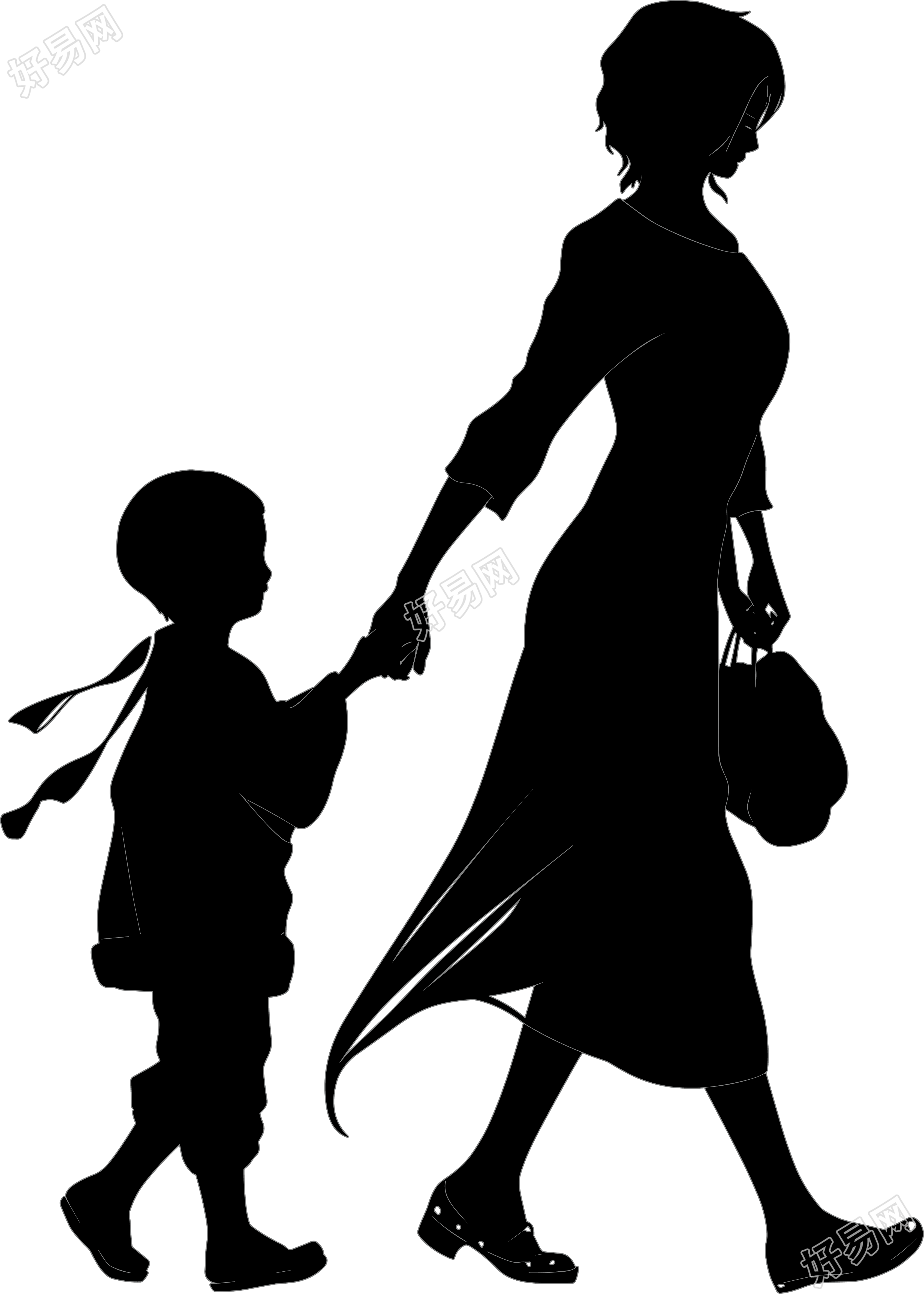 母子手牵手黑色轮廓商用插画