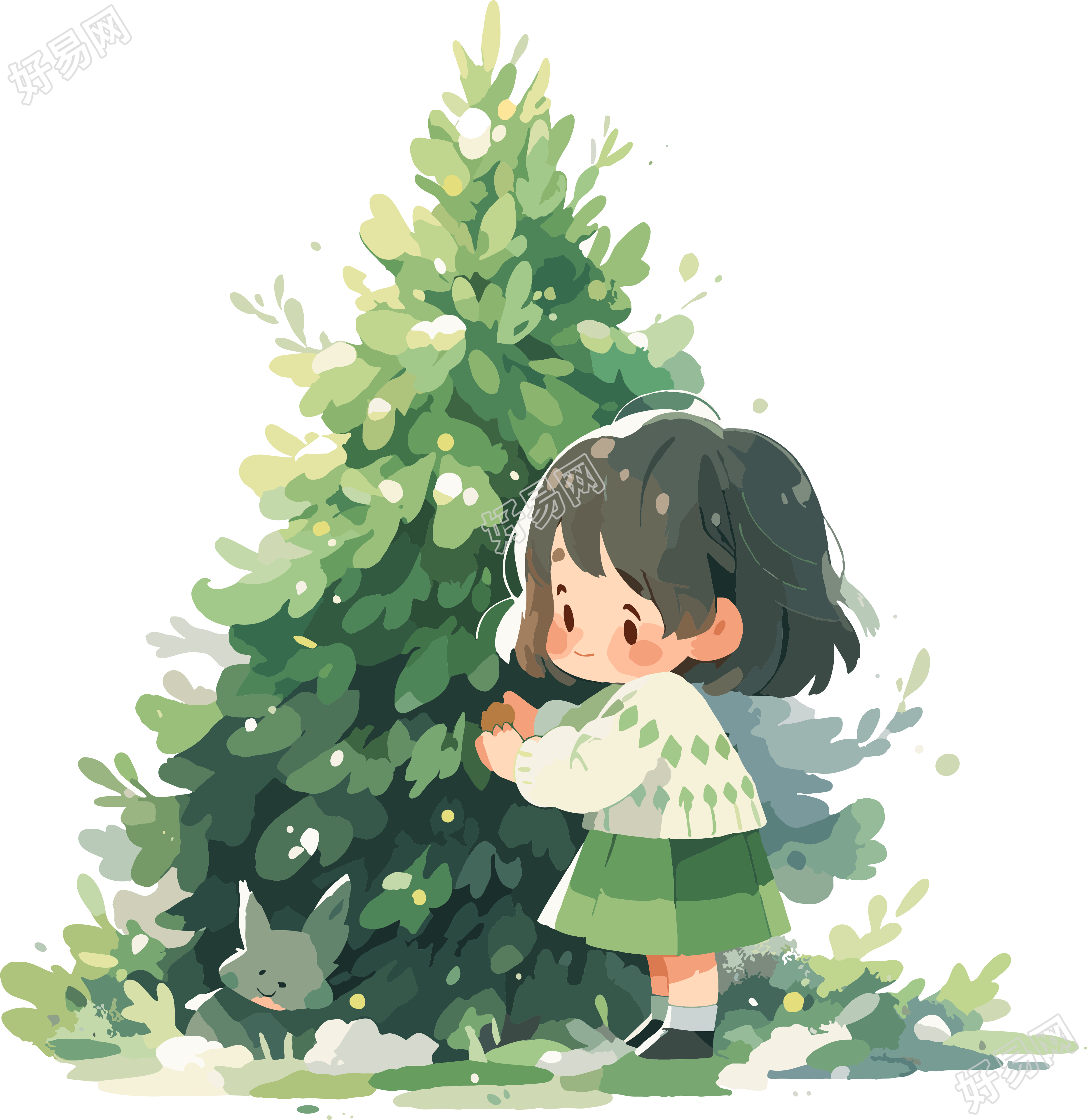 可爱小女孩与圣诞树绿色系插图