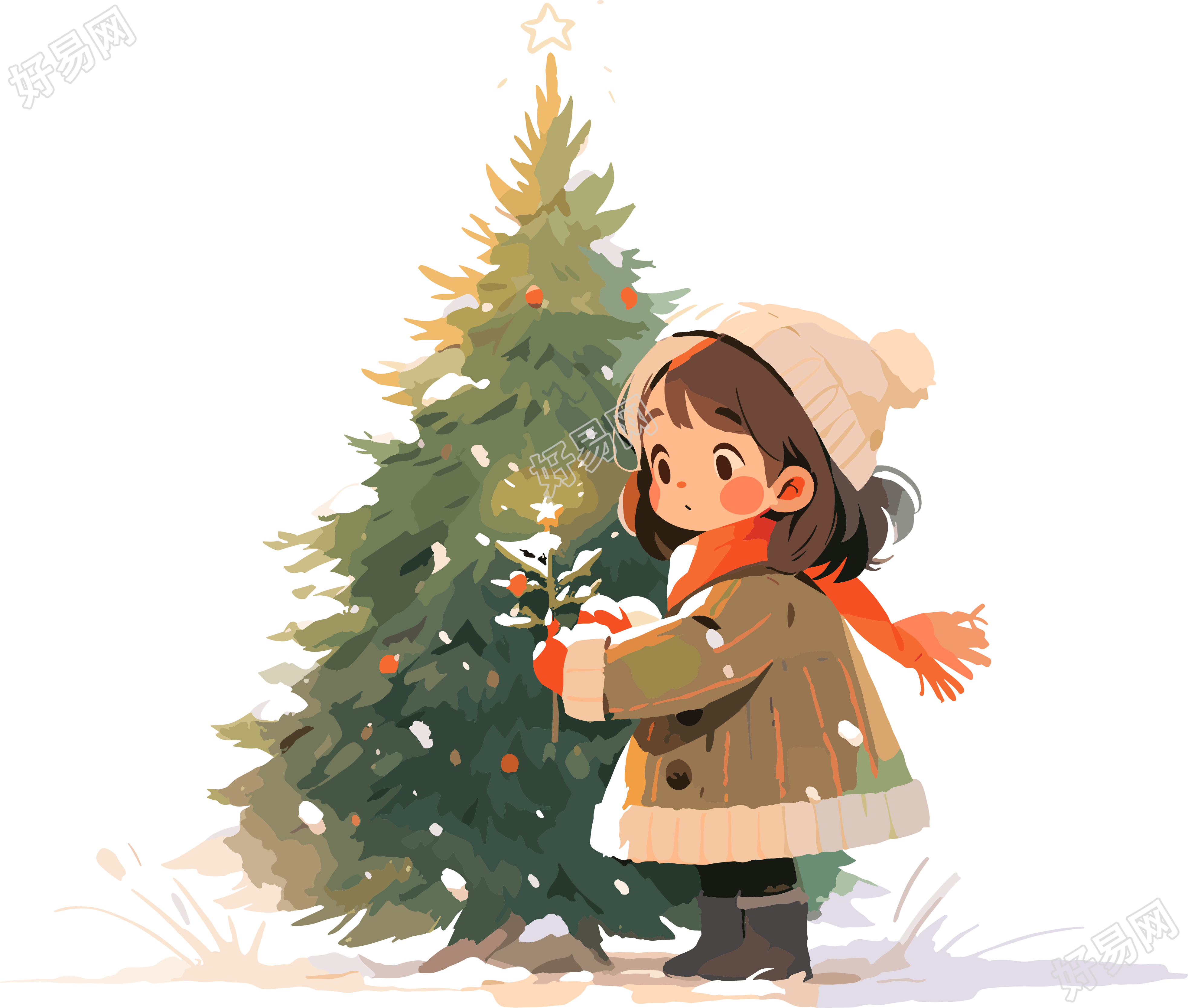 卡通圣诞树可爱小女孩2D图形插画