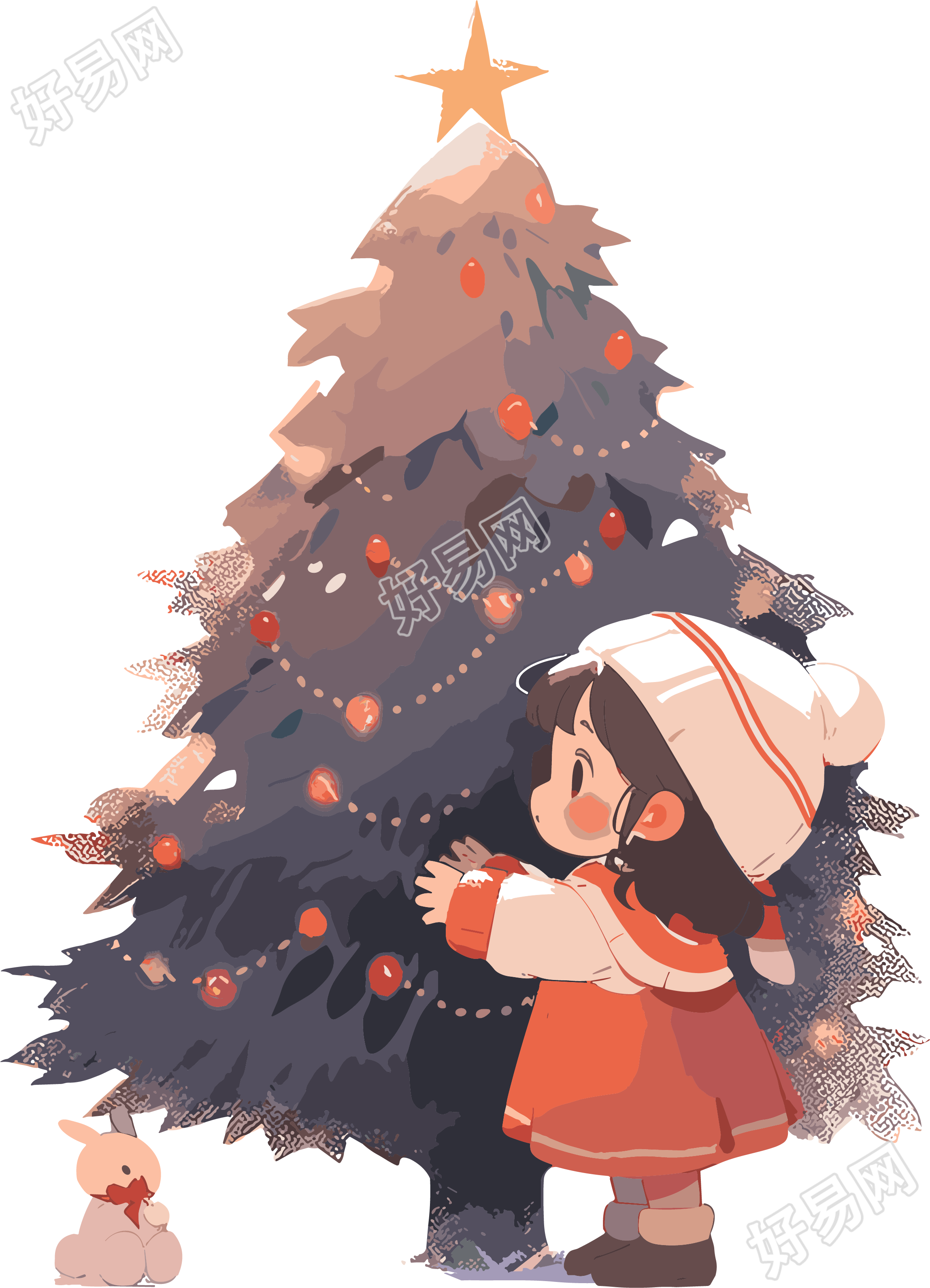 圣诞快乐可爱小女孩圣诞树2D素材