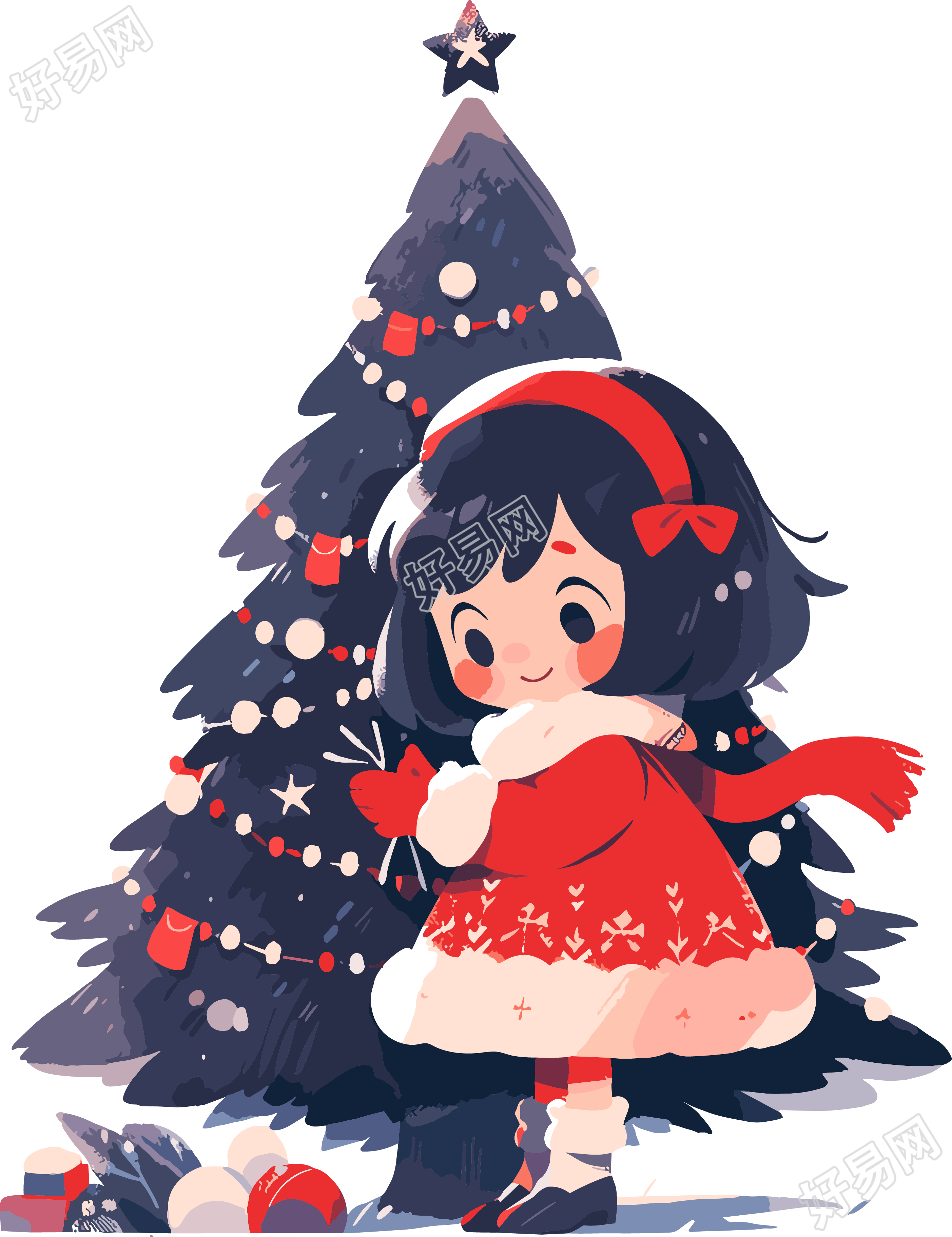 圣诞快乐可爱女孩与圣诞树插画