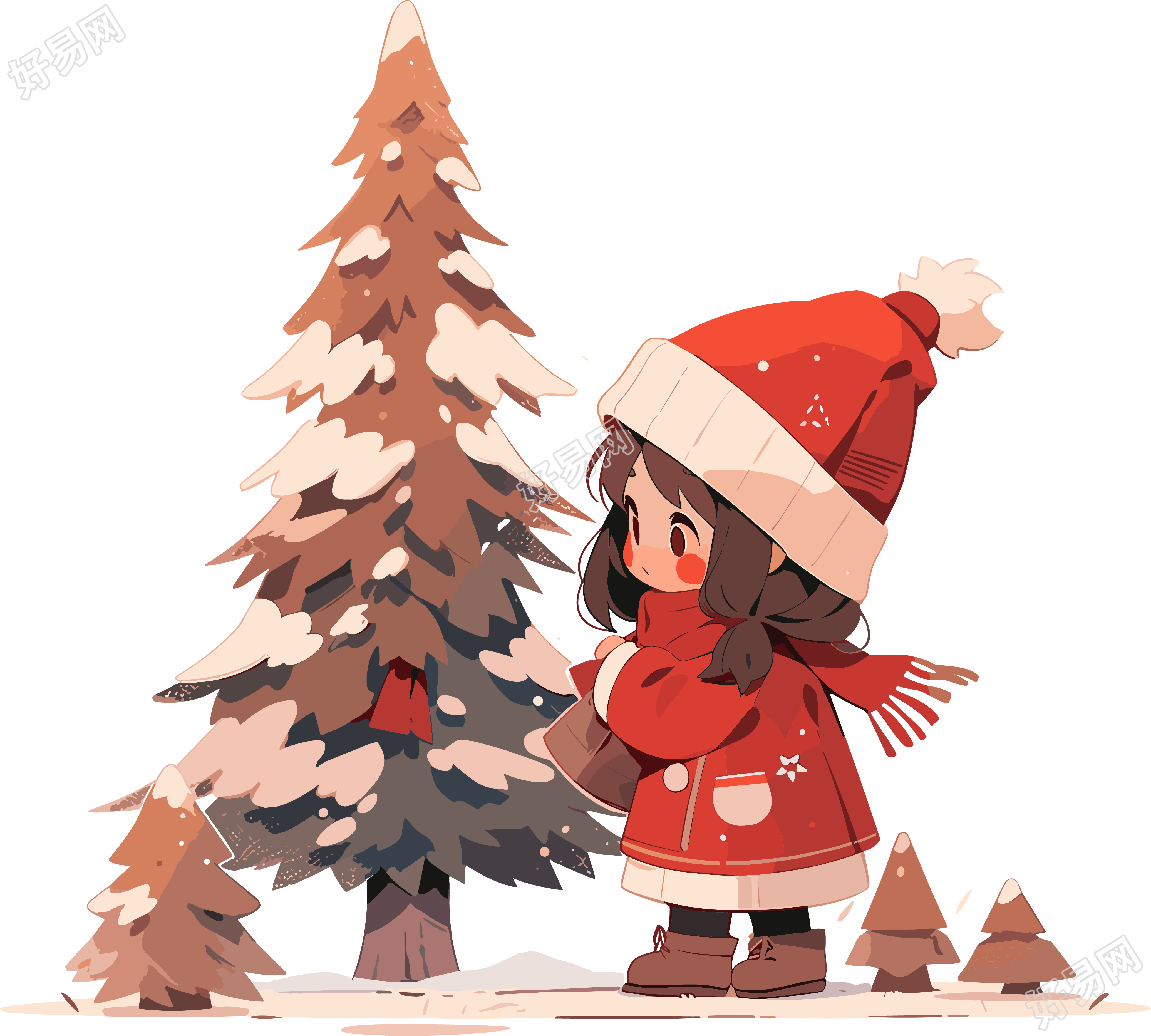 可爱的小女孩与圣诞树透明背景插图