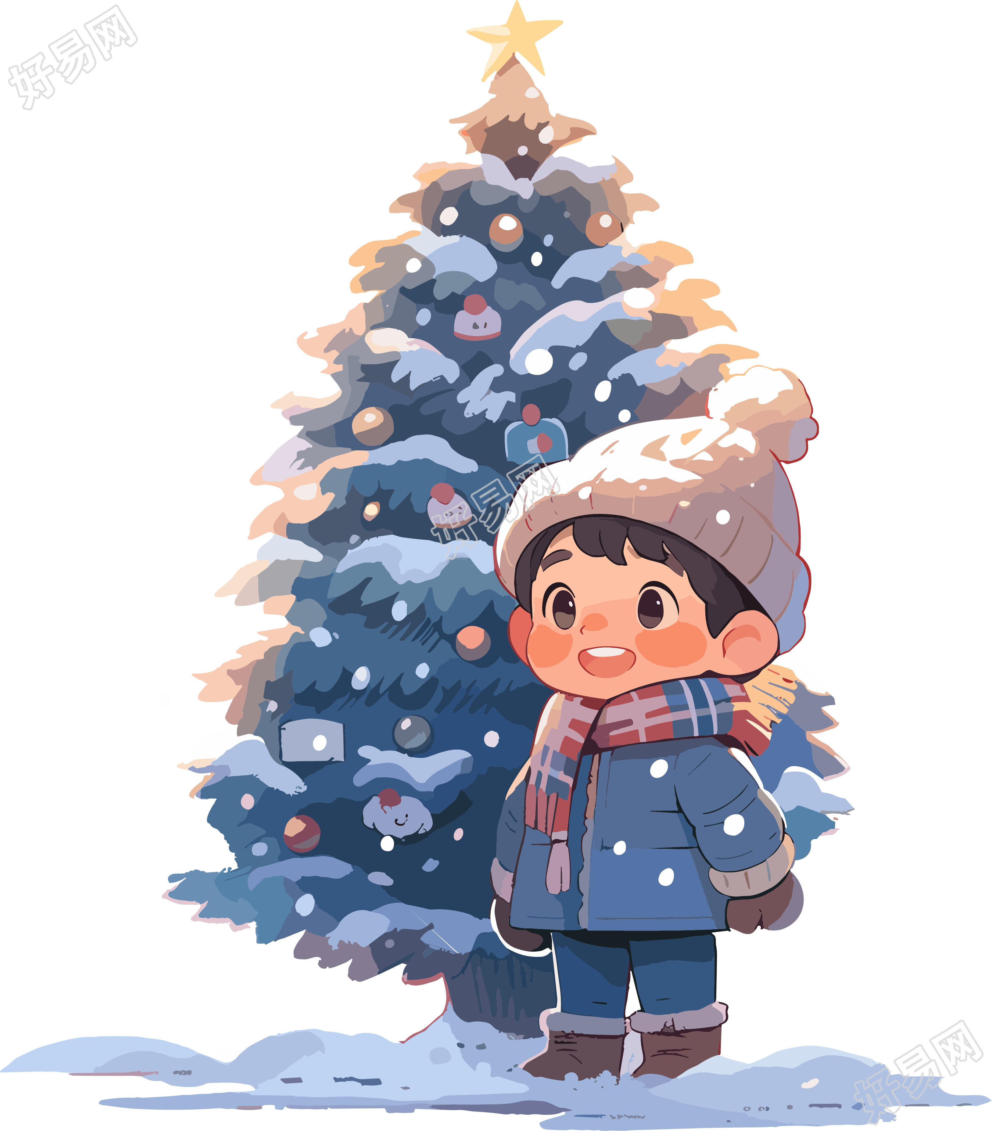 可爱小男孩圣诞树插图