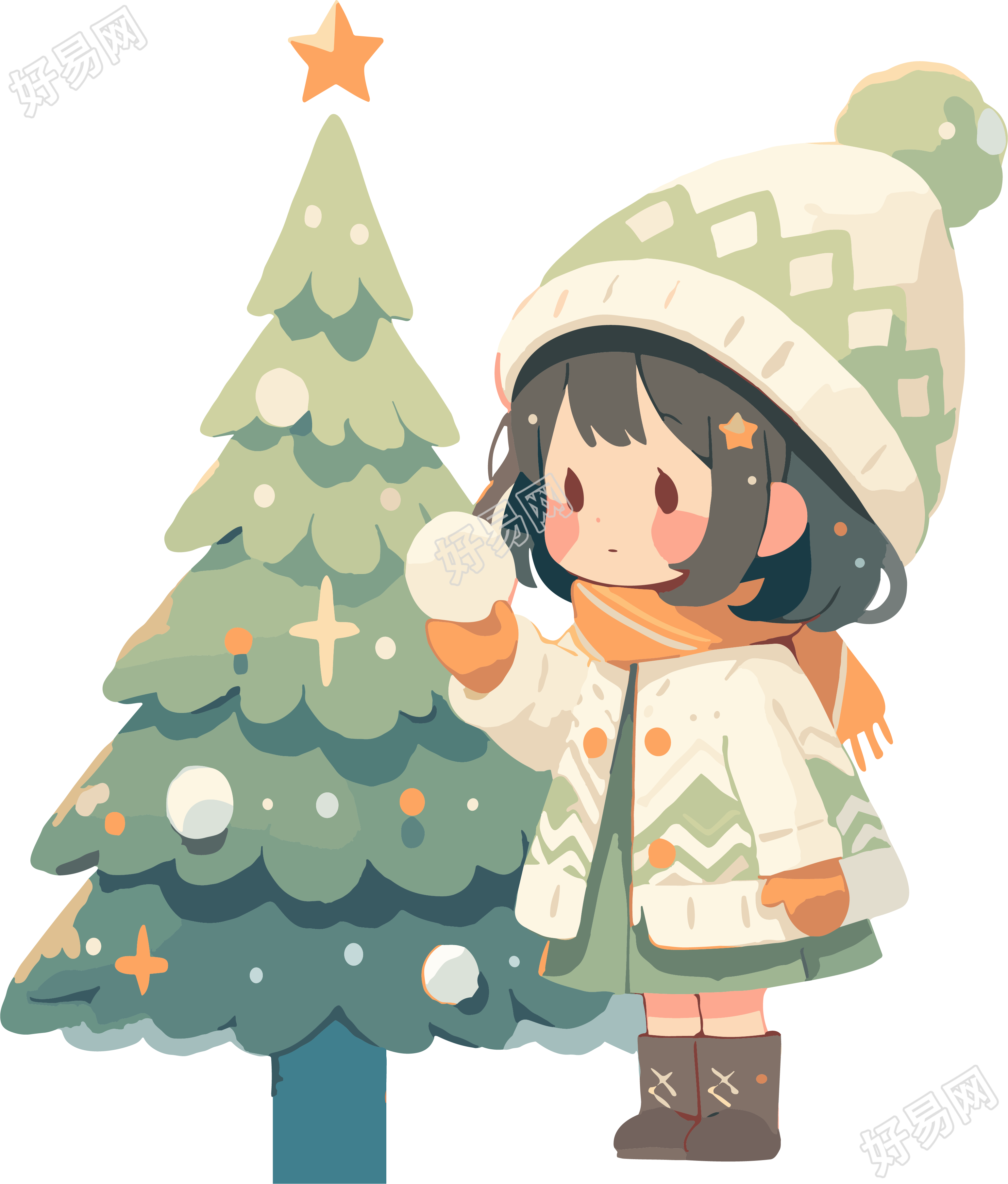 可爱小女孩站在圣诞树旁的插图