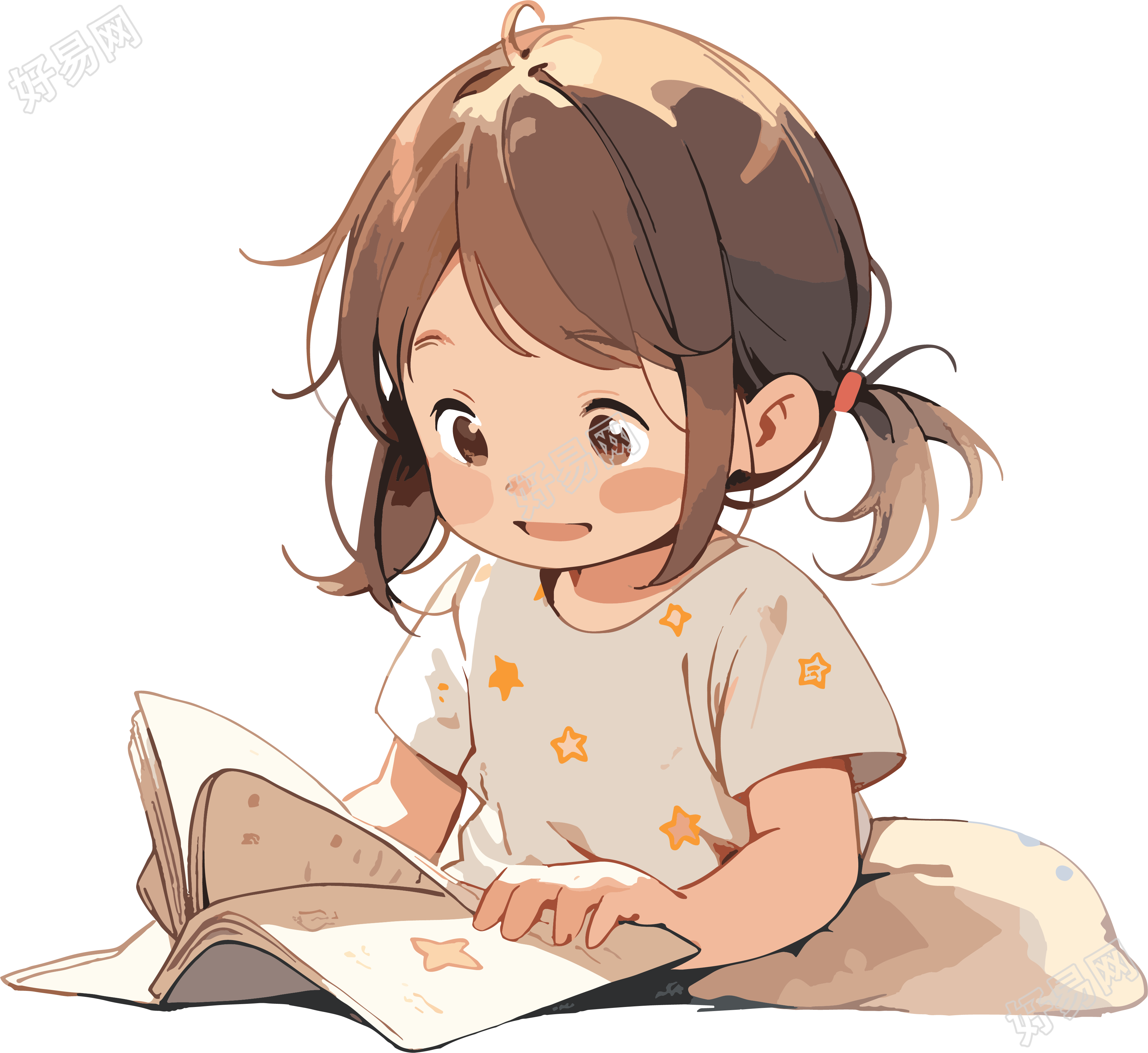 读书小女孩可爱卡通插画