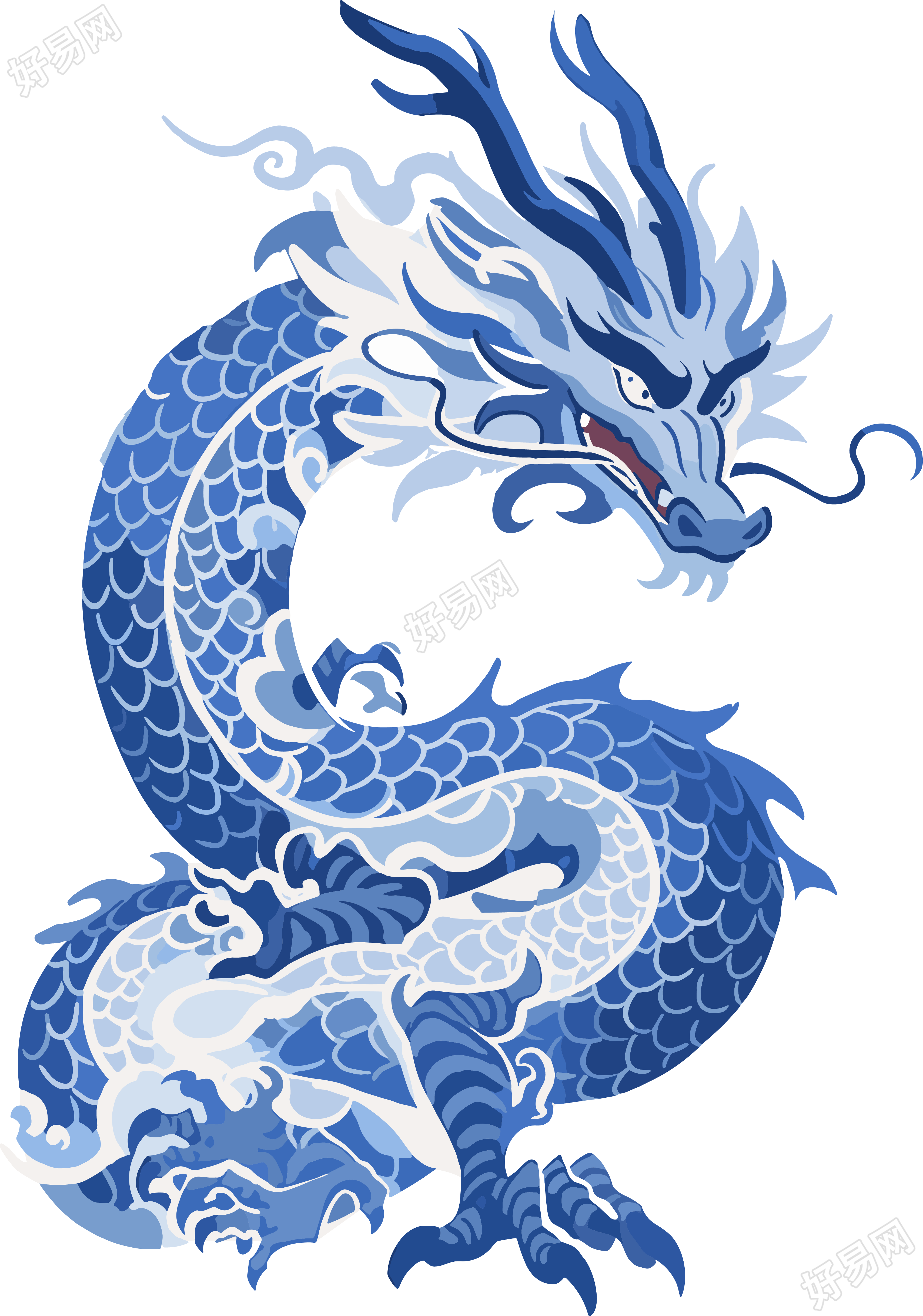 中国龙平面插画蓝白瓷器素材