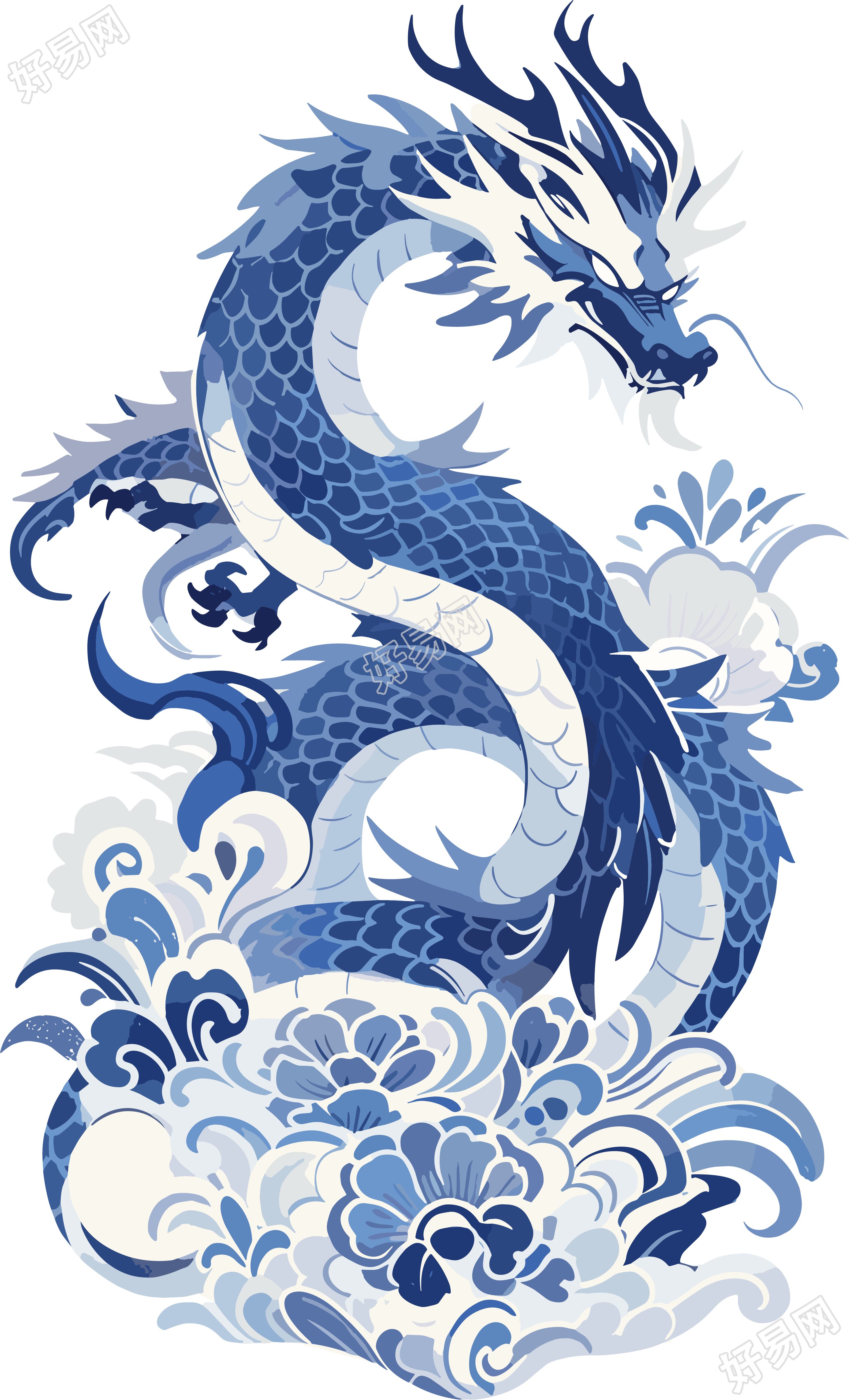 中国龙扁平插图蓝白瓷器素材