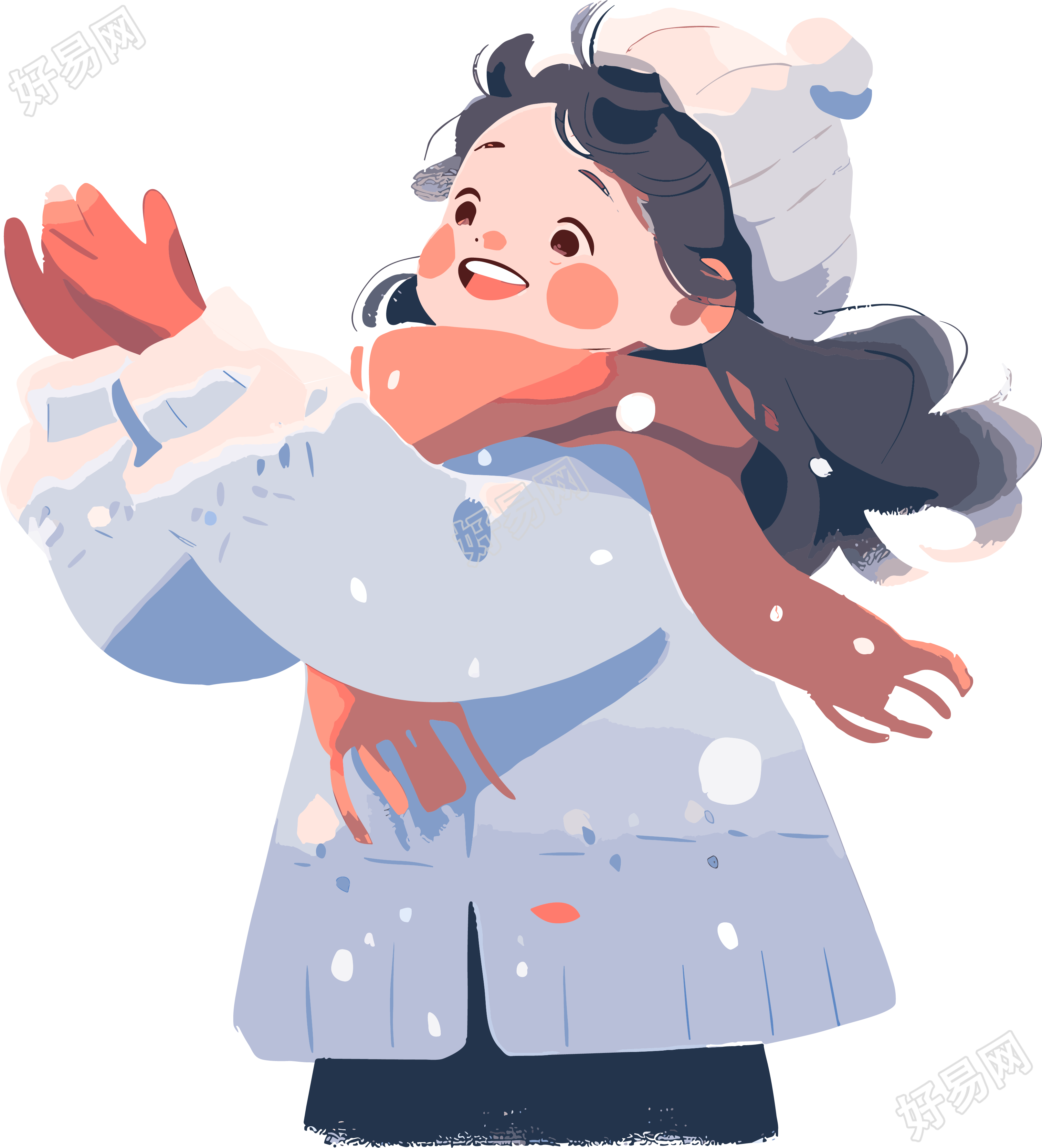 雪景小女孩缤纷雪花2D插画素材