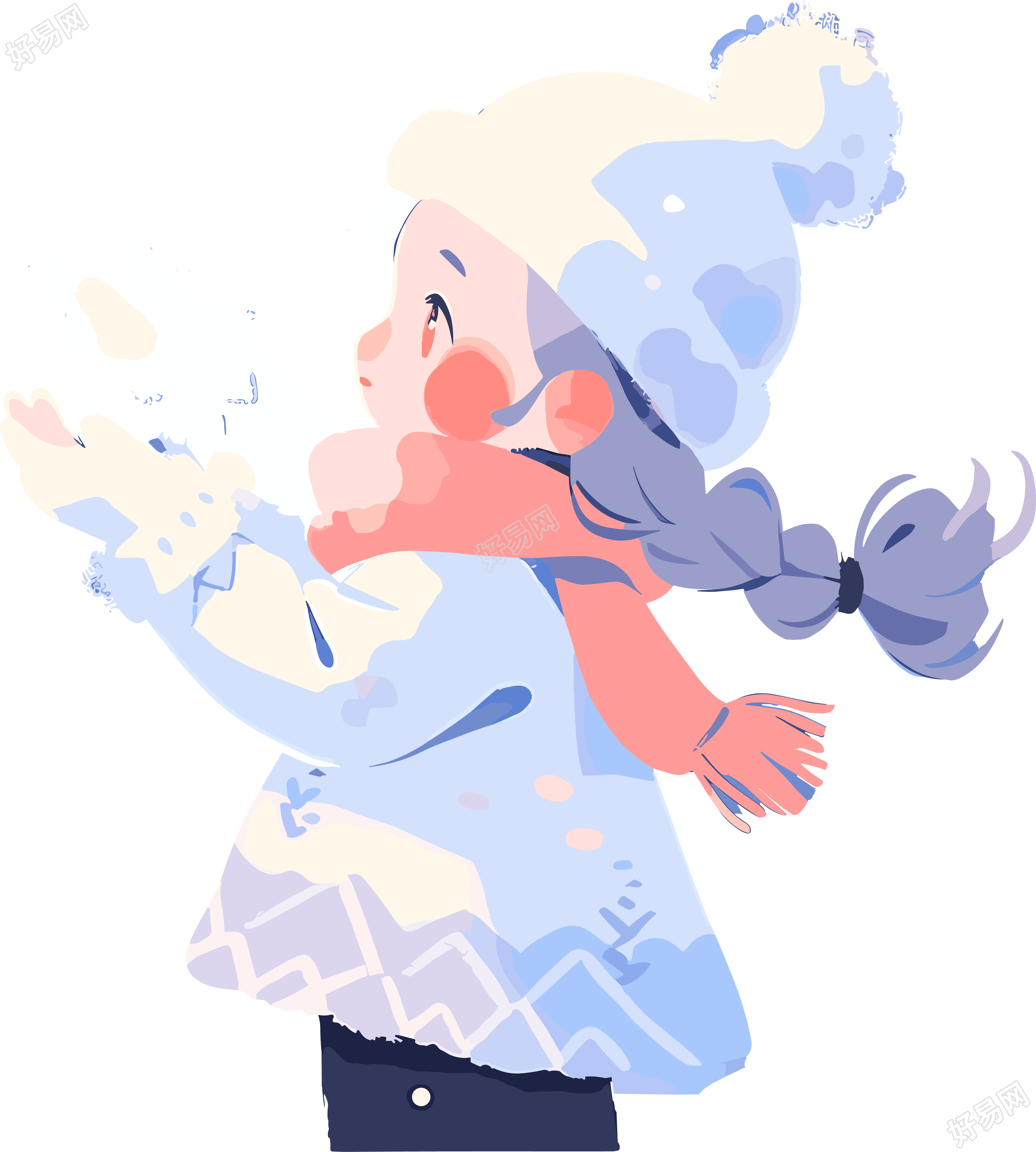 雪景小女孩美丽洁白插画设计素材