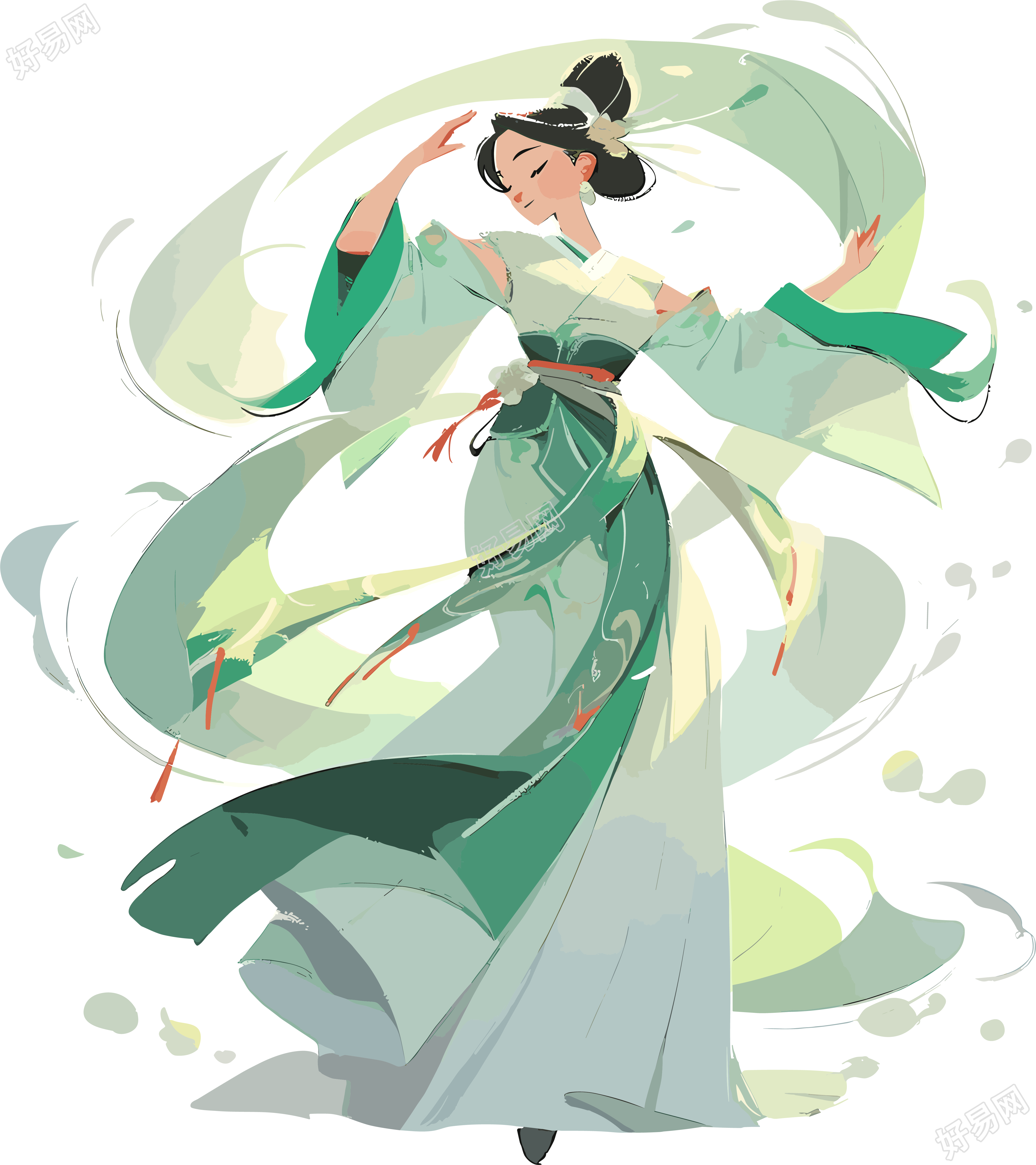 仙女穿着翠绿衣服起舞插画