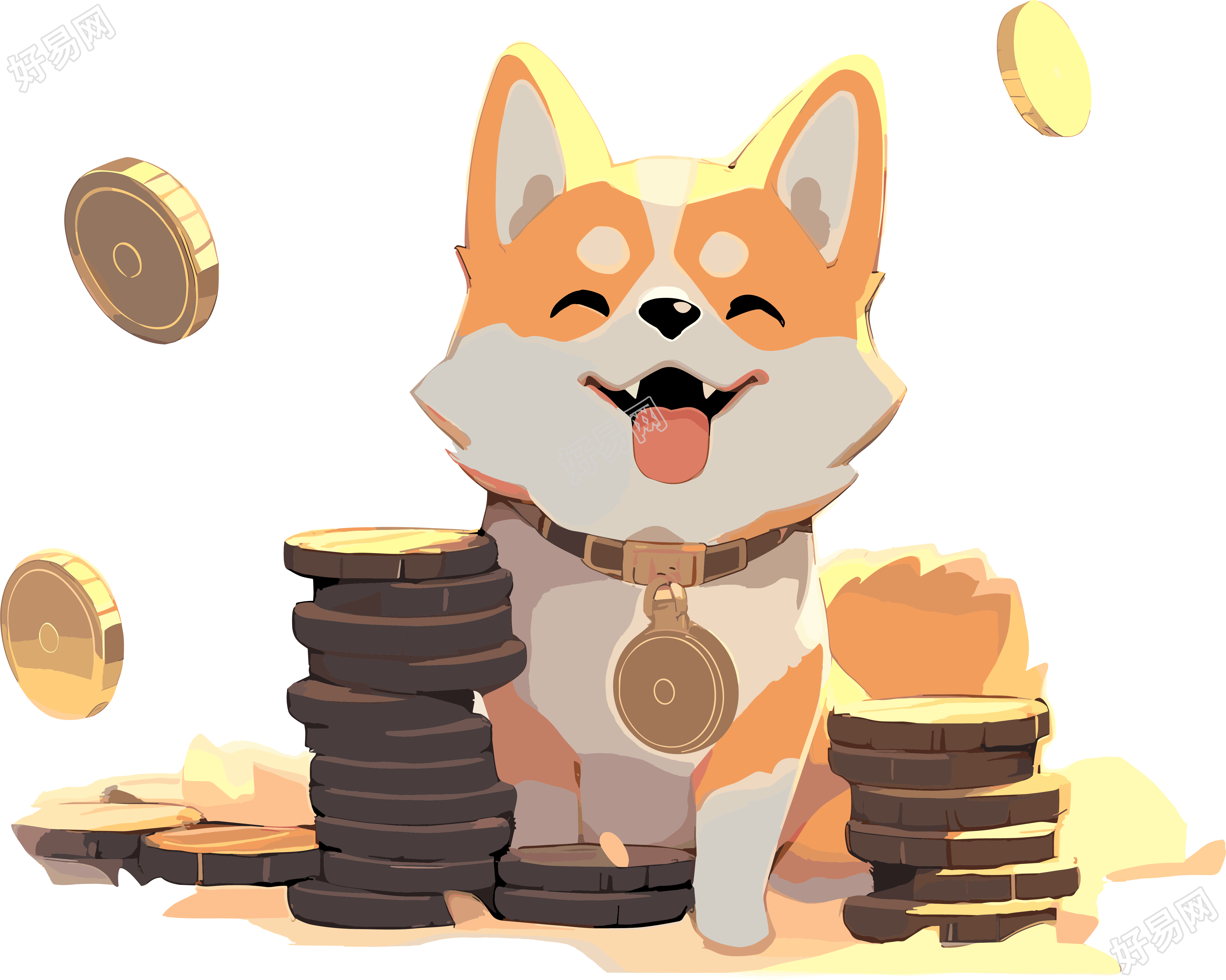 金币旁边的柴犬火柴狗素材