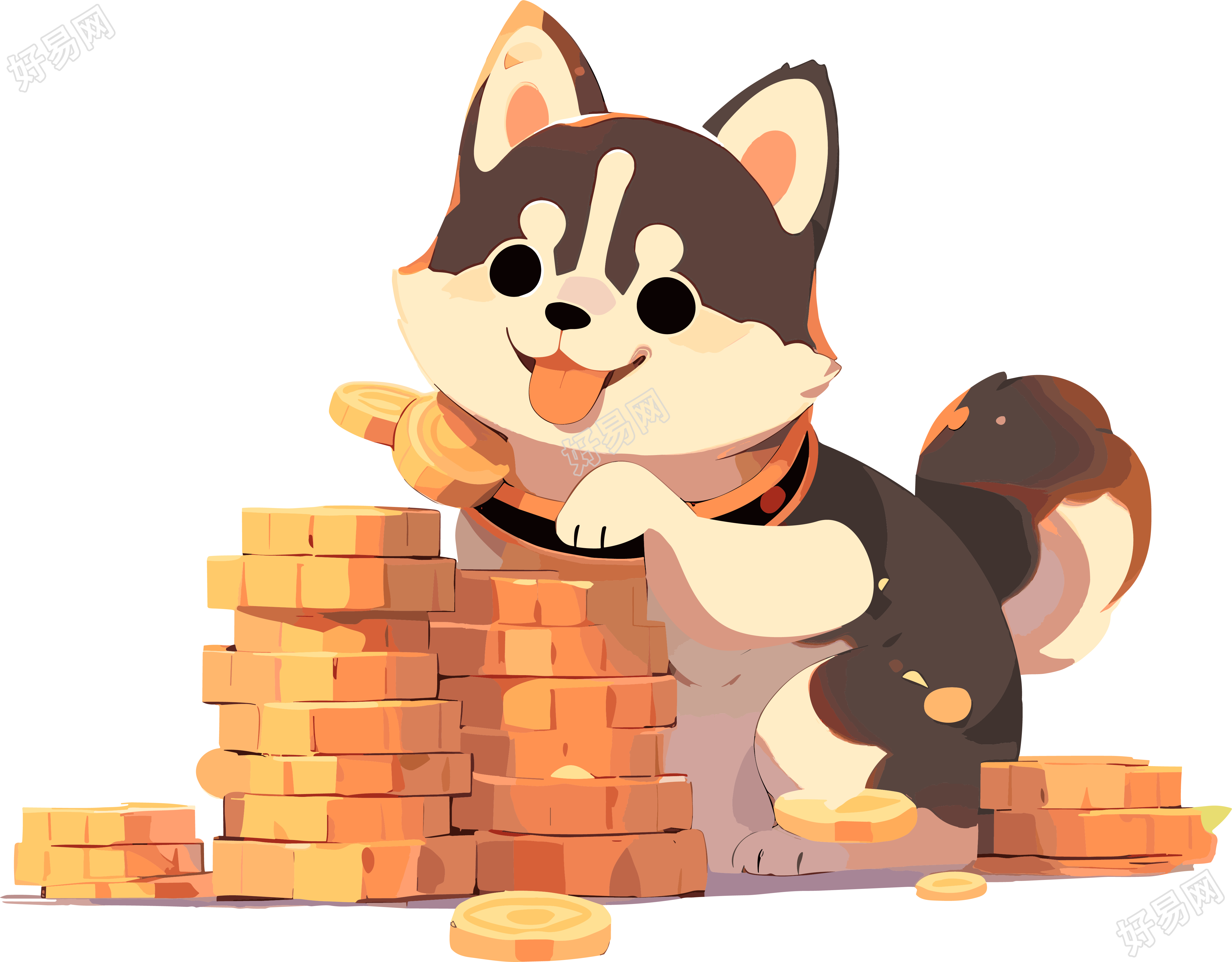金币旁边的柴犬火木卡通插画素材
