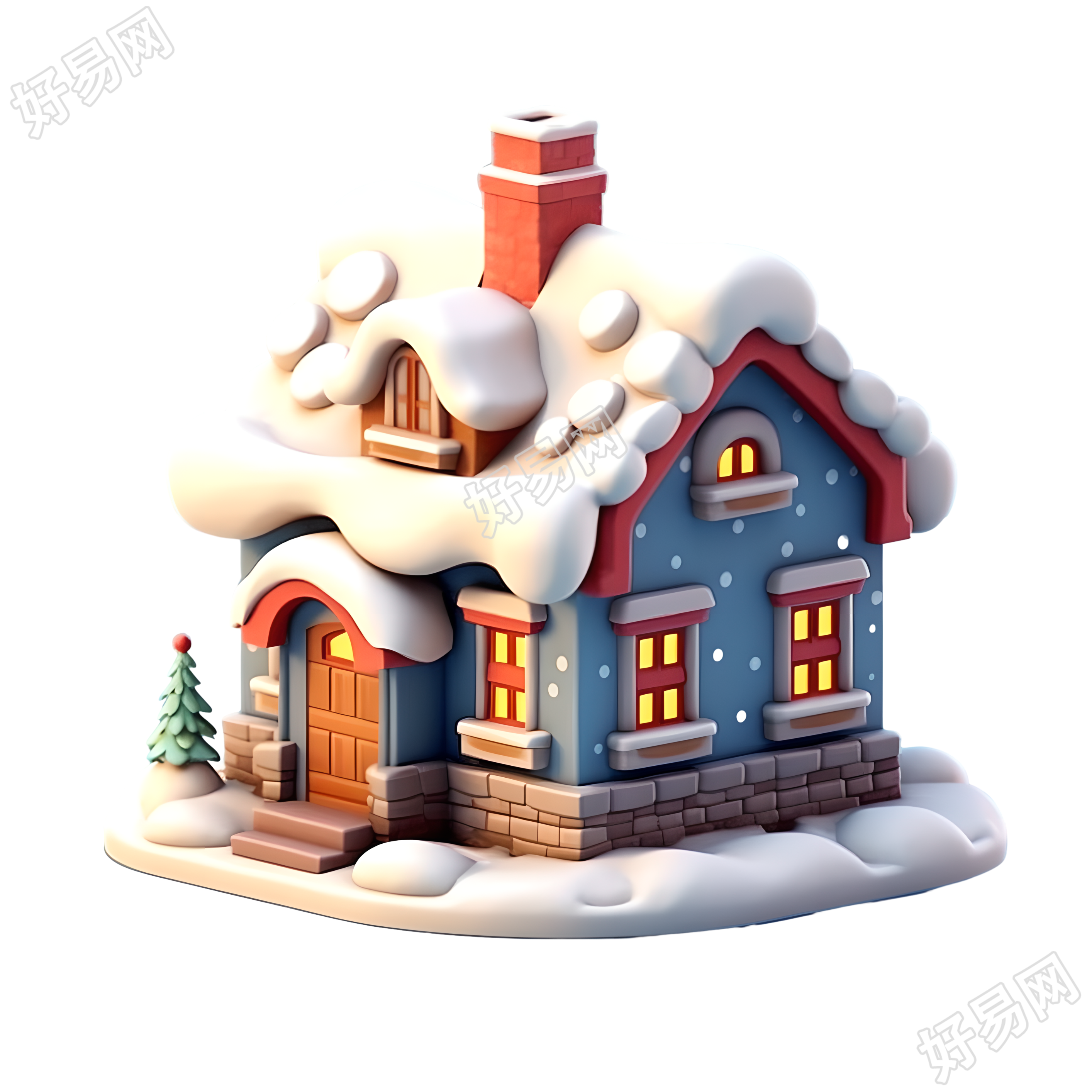 圣诞雪屋3D立体黏土材质插画