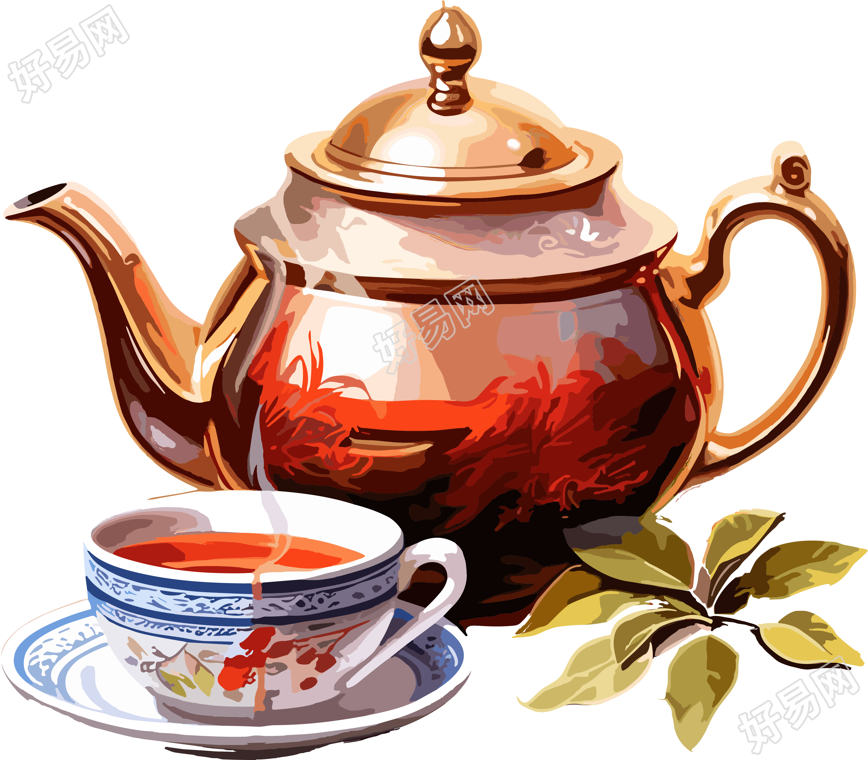 茶壶茶杯中国风插画